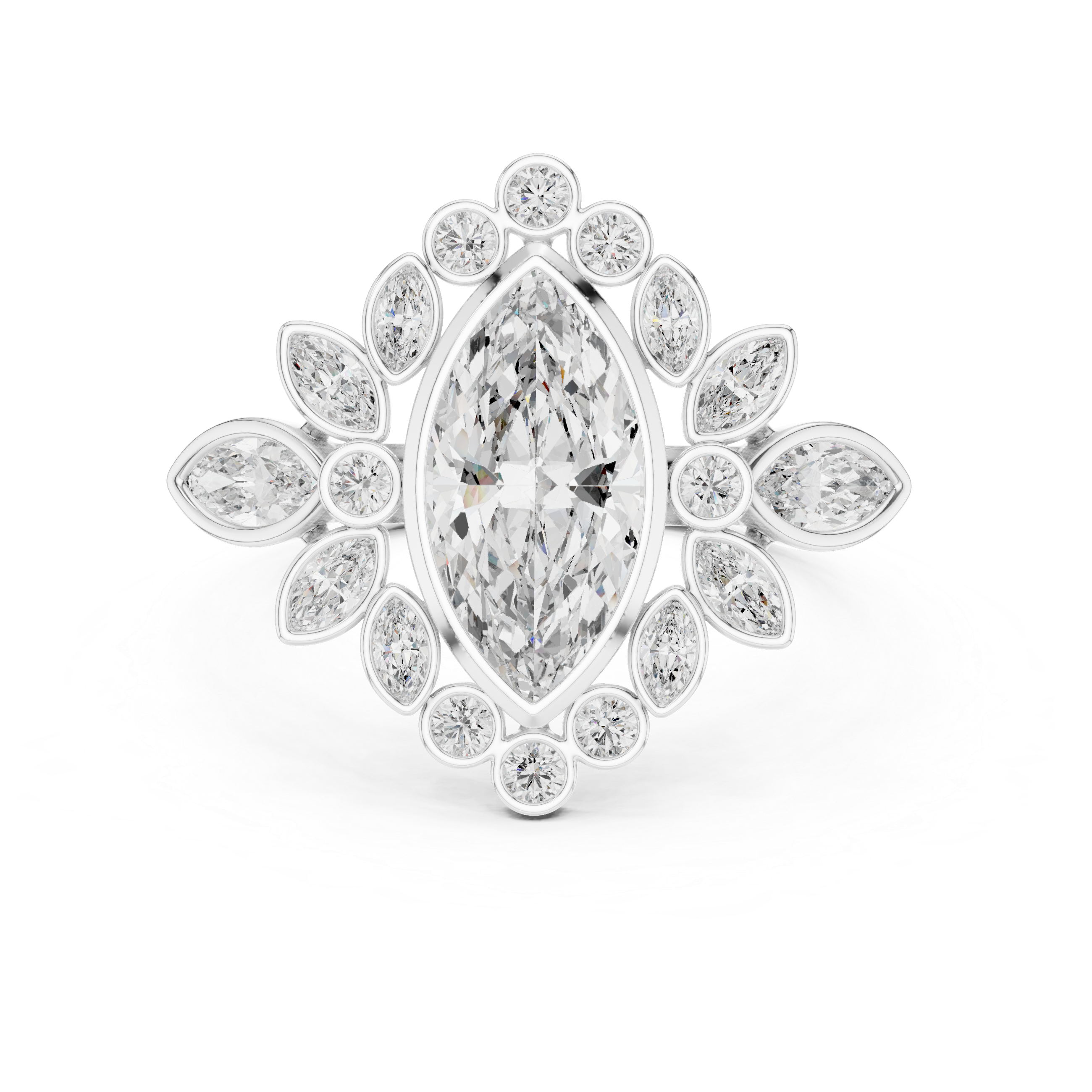 The Amboise Ring - Vintage Marquise Halo Ring with Floral Bezel Accents