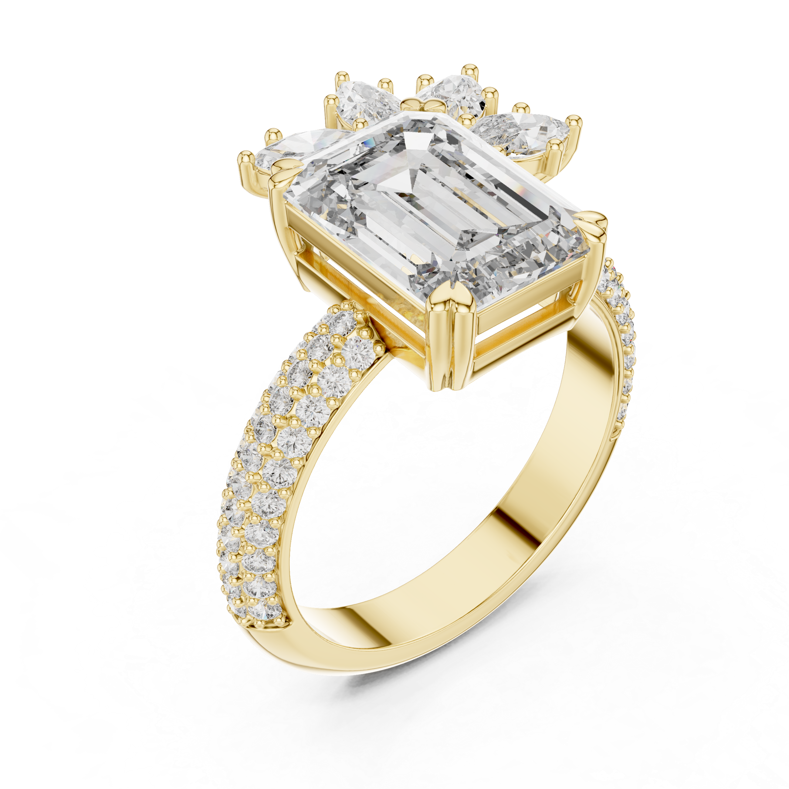 The Vaucresson Ring - Emerald Cut Solitaire with Asymmetrical Cluster Band