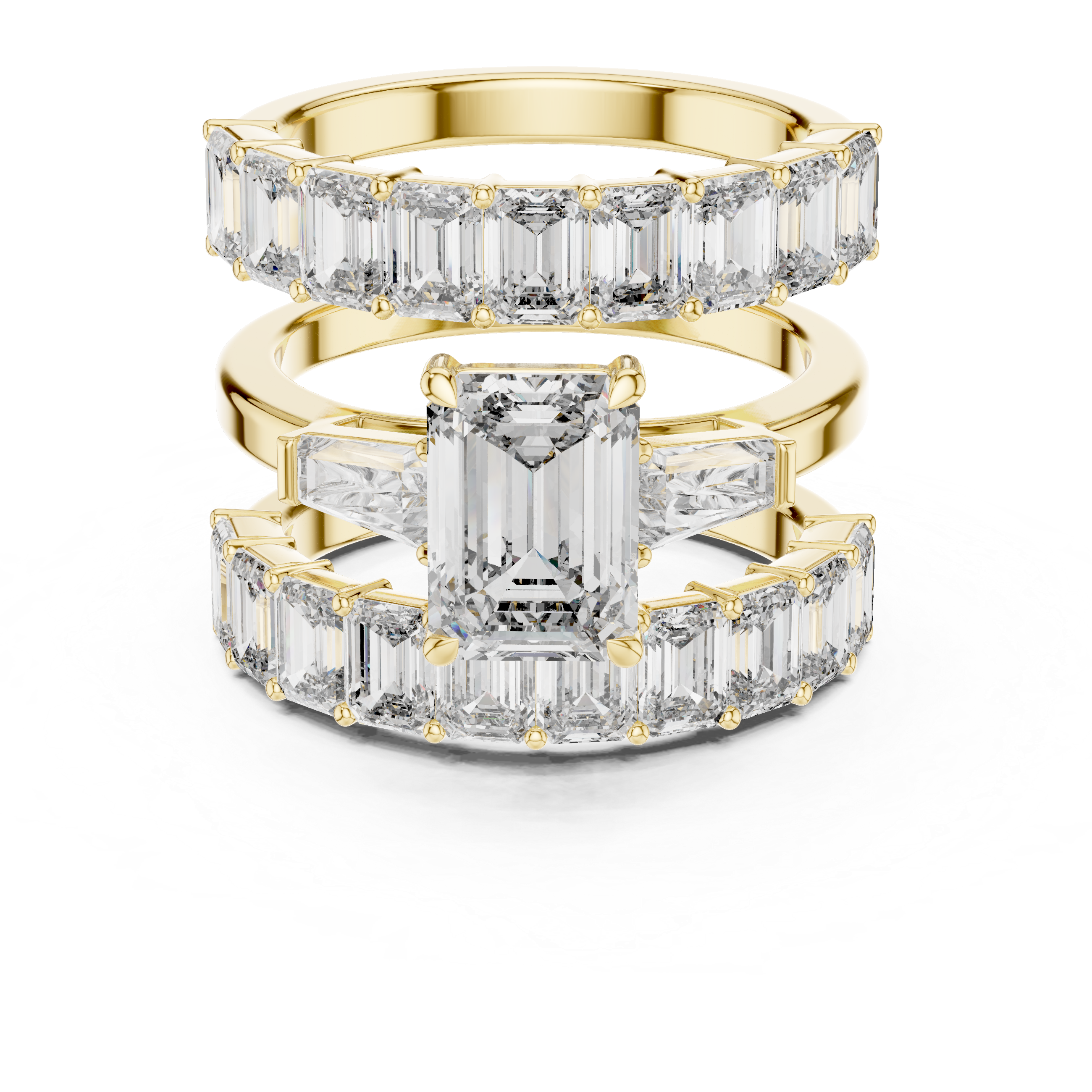 The Hermance Bridal Set - Emerald Cut Three-Stone Ring with Matching Eternity Band