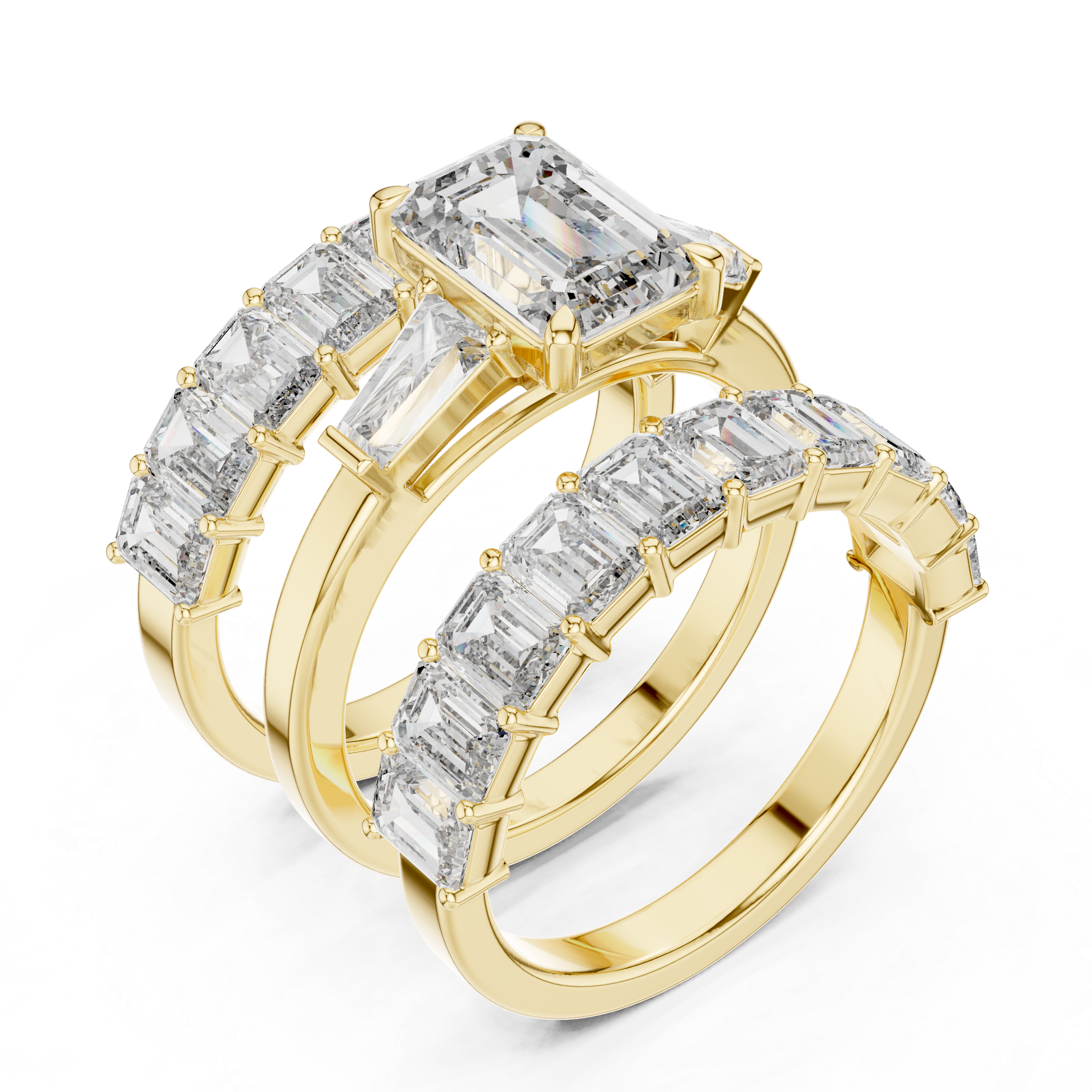 The Hermance Bridal Set - Emerald Cut Three-Stone Ring with Matching Eternity Band