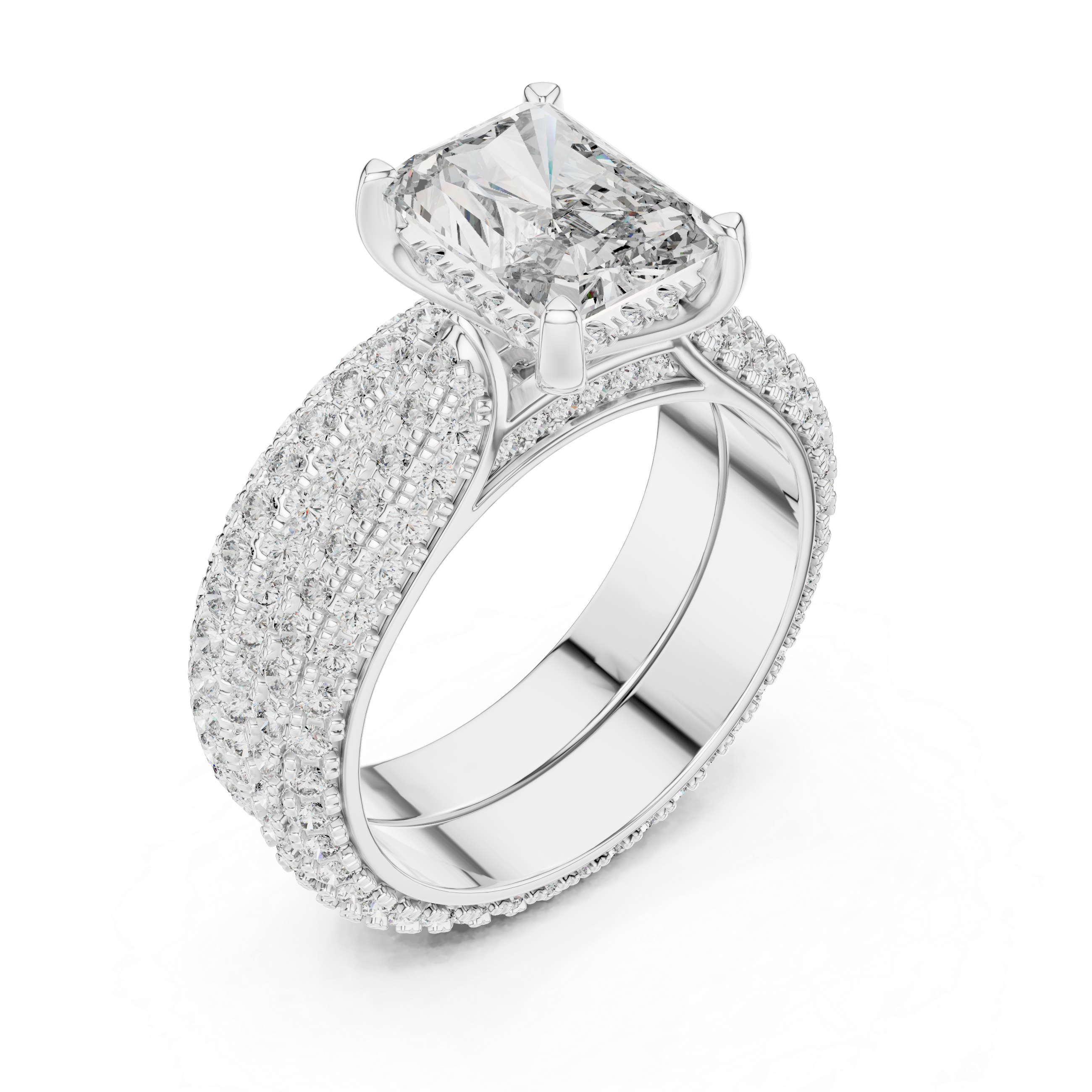 The Kiruna Ring - Radiant Cut Triple-Row Pavé Bridal Set