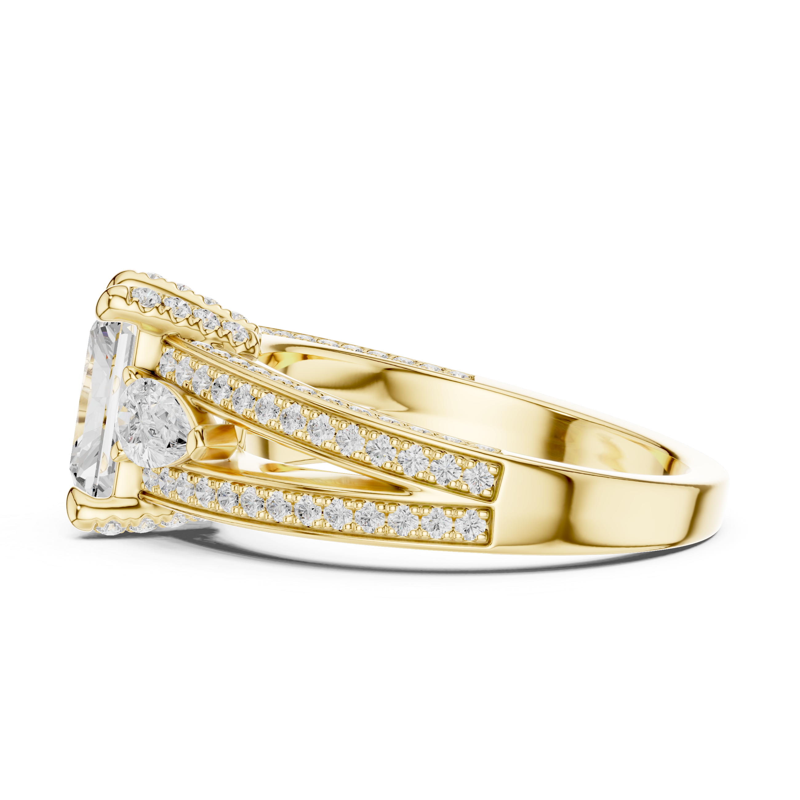 Gold ring with diamond accents on a white background