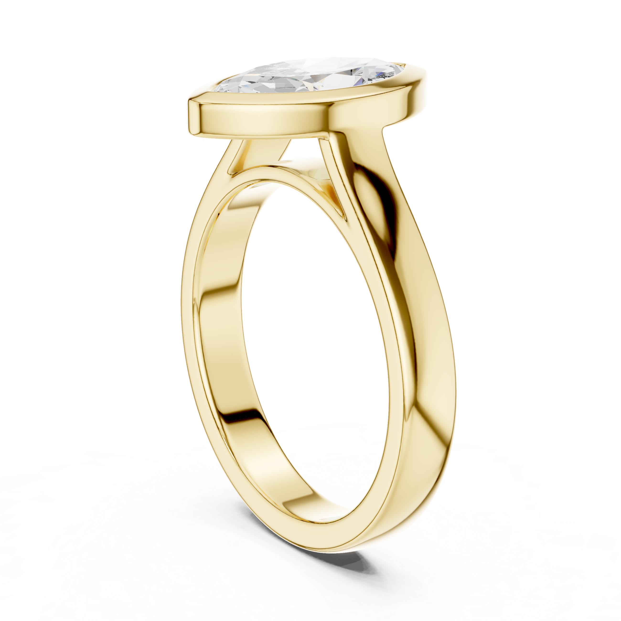 Gold ring with a clear gemstone on a white background