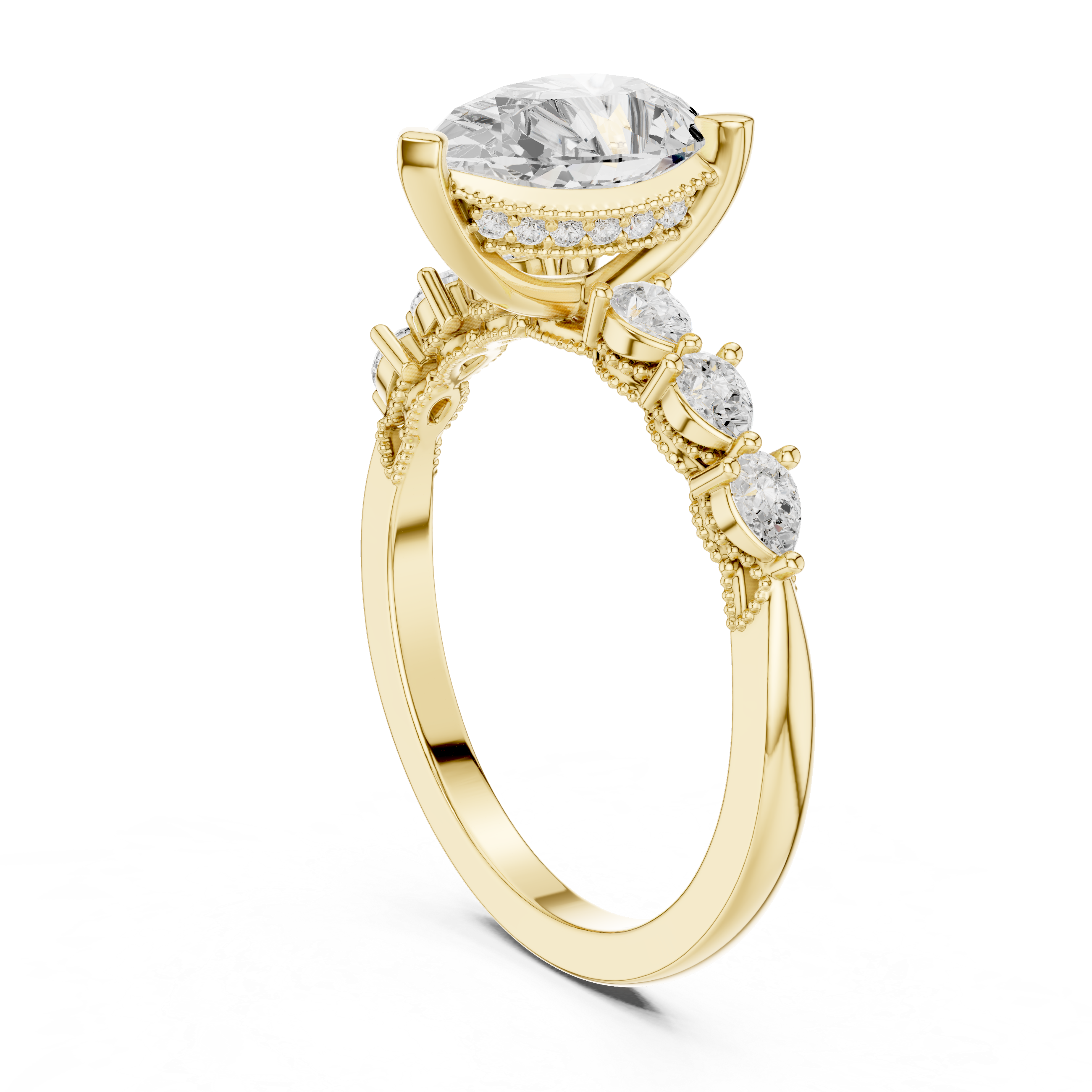 Gold ring with a large diamond and smaller diamonds on a white background