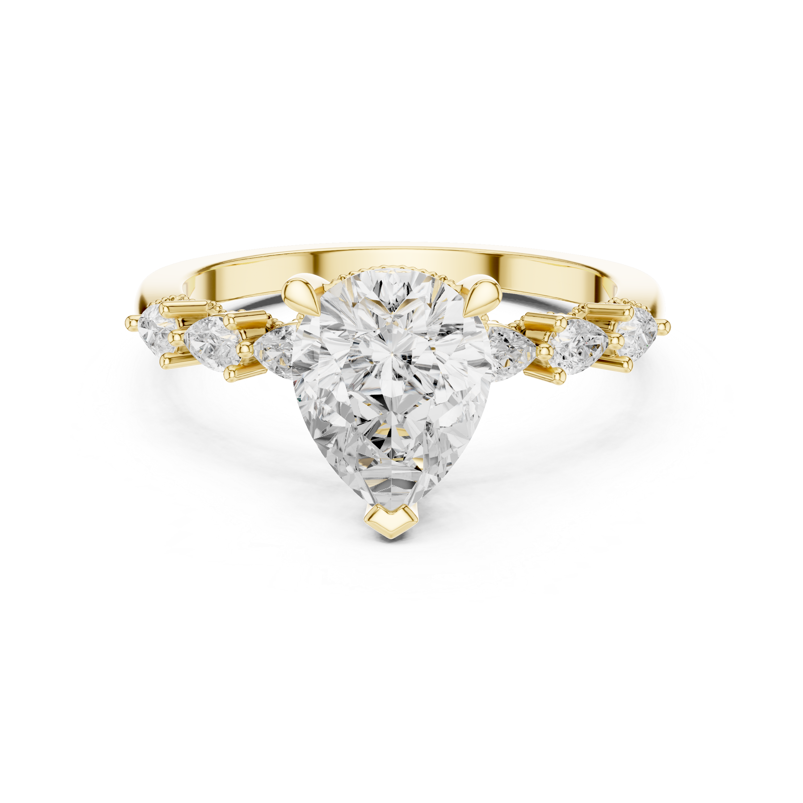 Gold ring with a large diamond and smaller diamonds on a white background