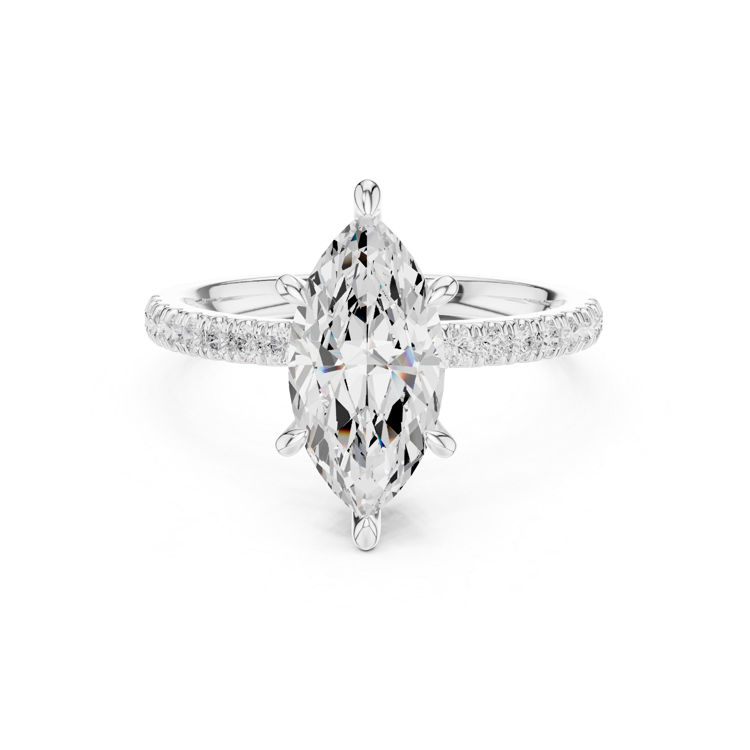 Diamond ring with a pear-shaped center stone on a white background