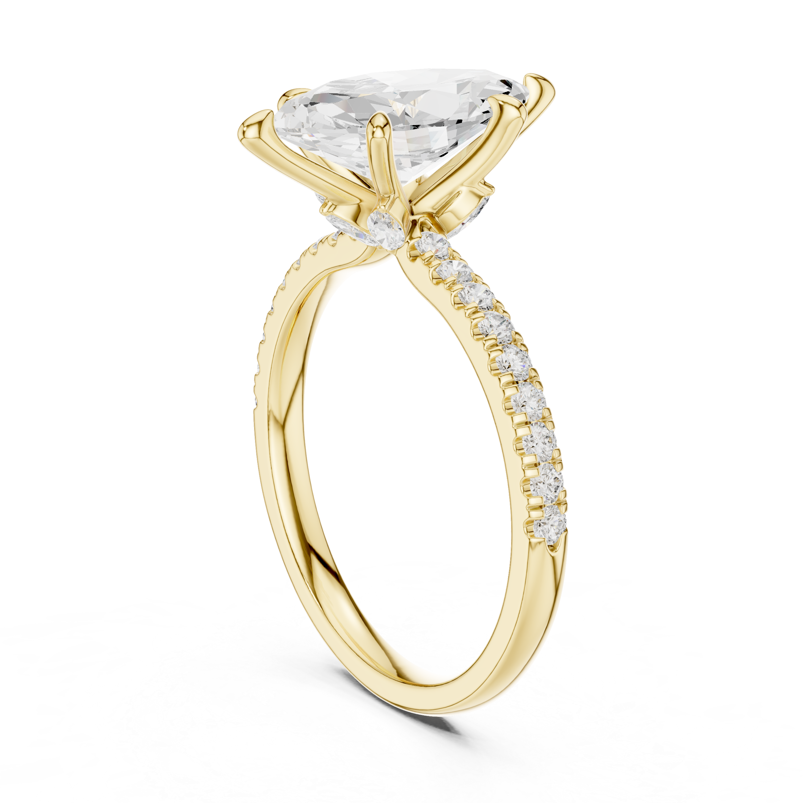 Gold ring with a large diamond and smaller diamonds on the band against a white background