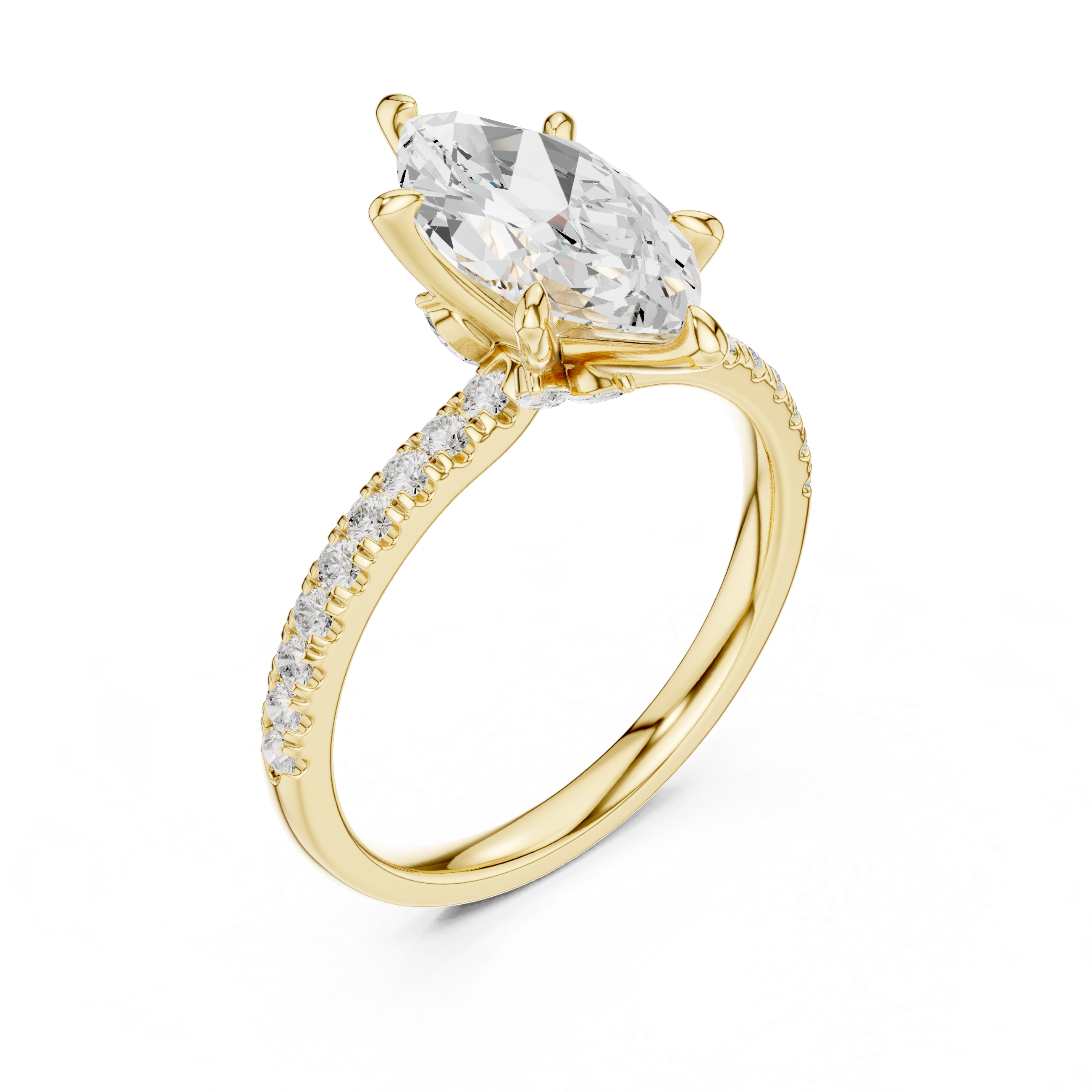 Gold ring with a large diamond and smaller diamonds on the band against a white background