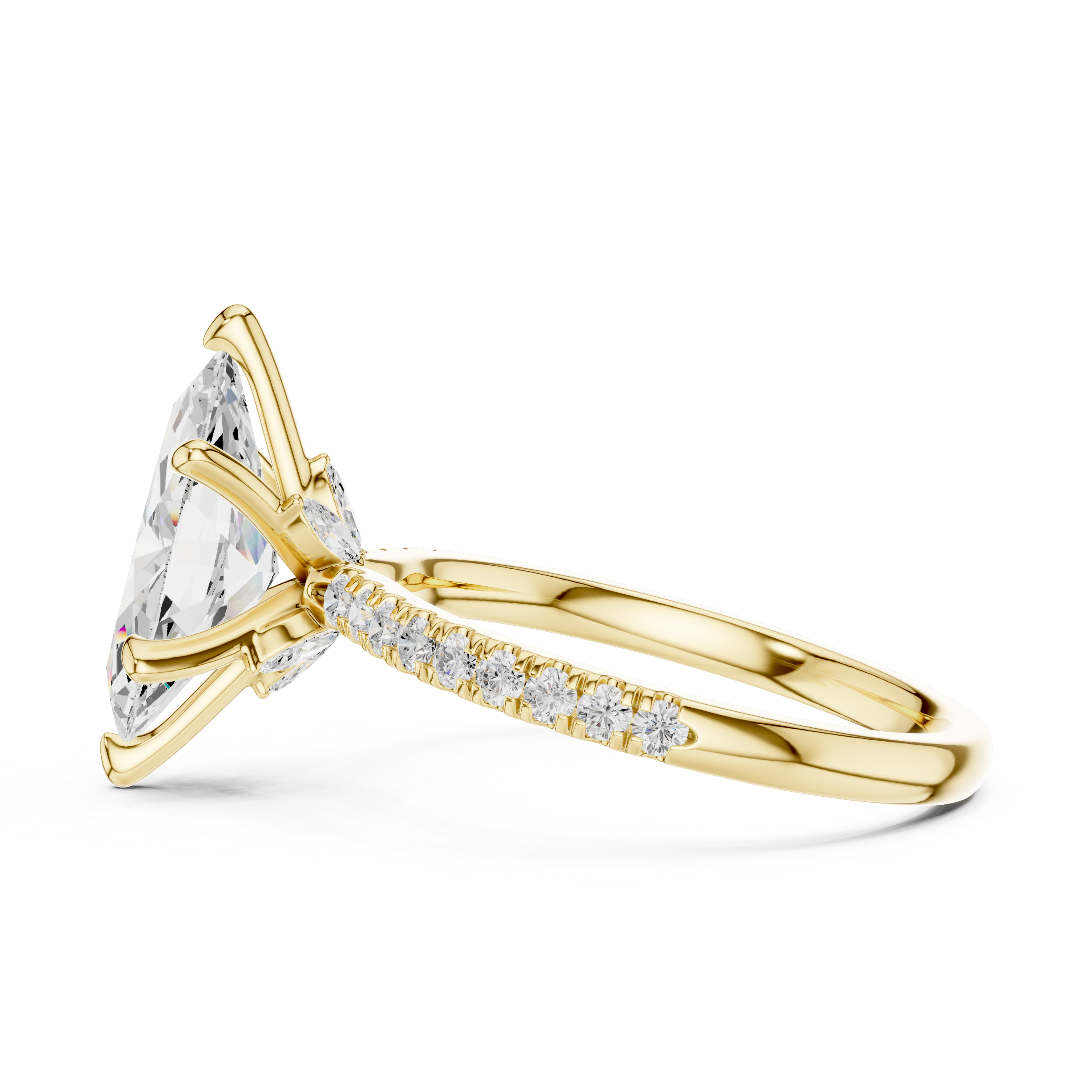 Gold ring with a large diamond and smaller diamonds on the band against a white background