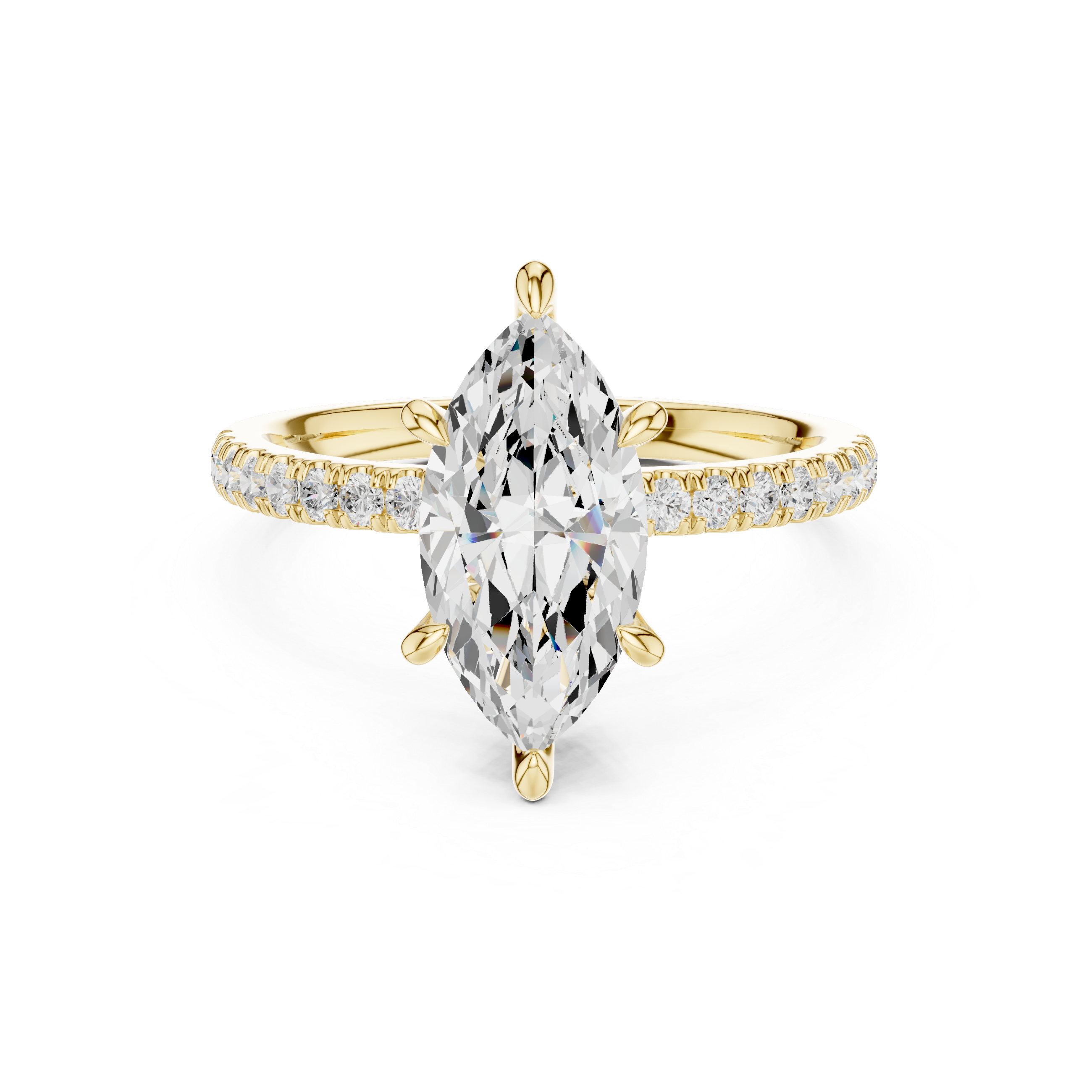 Rose gold ring with a large pear-shaped diamond on a white background