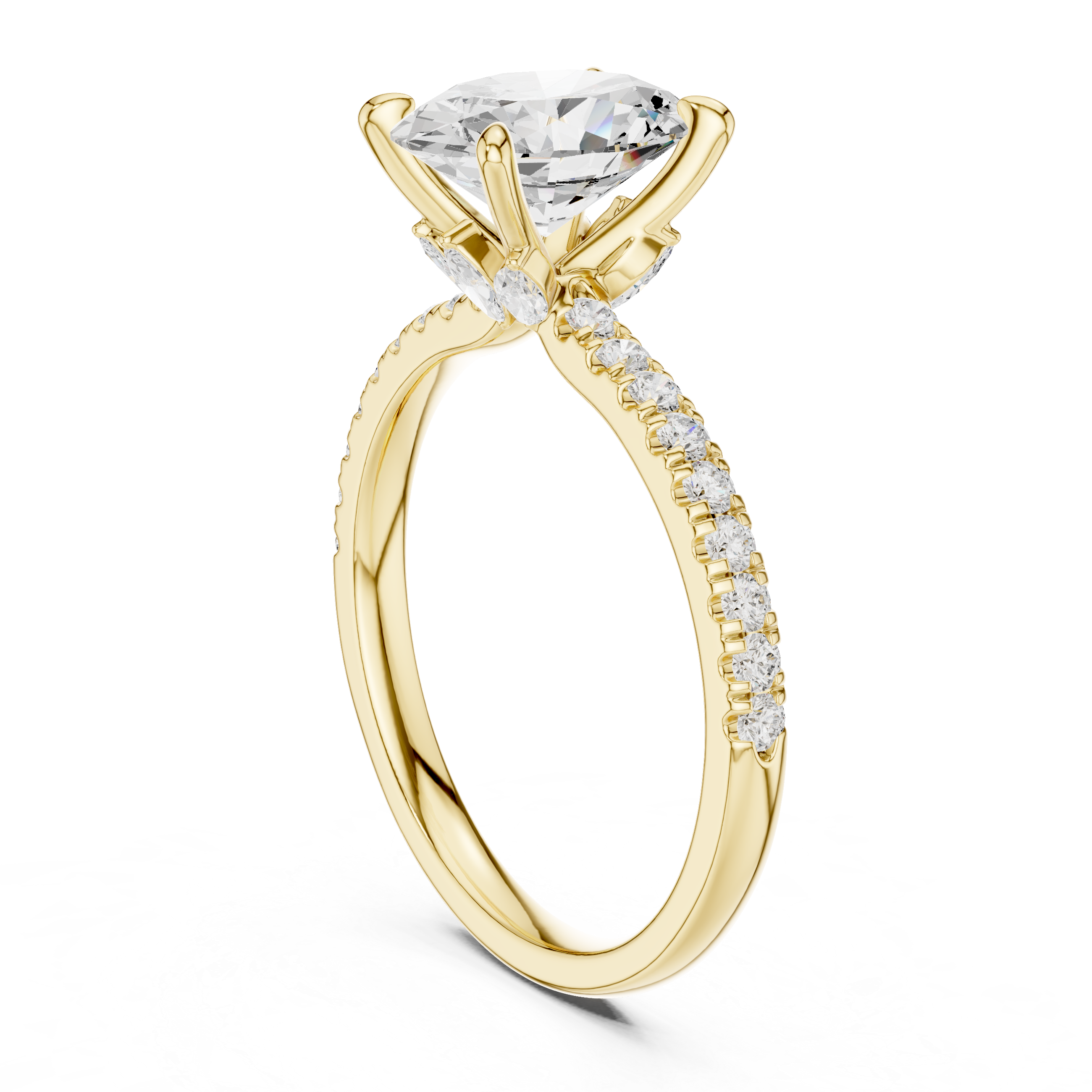 Gold ring with a large diamond and smaller diamonds on the band against a white background