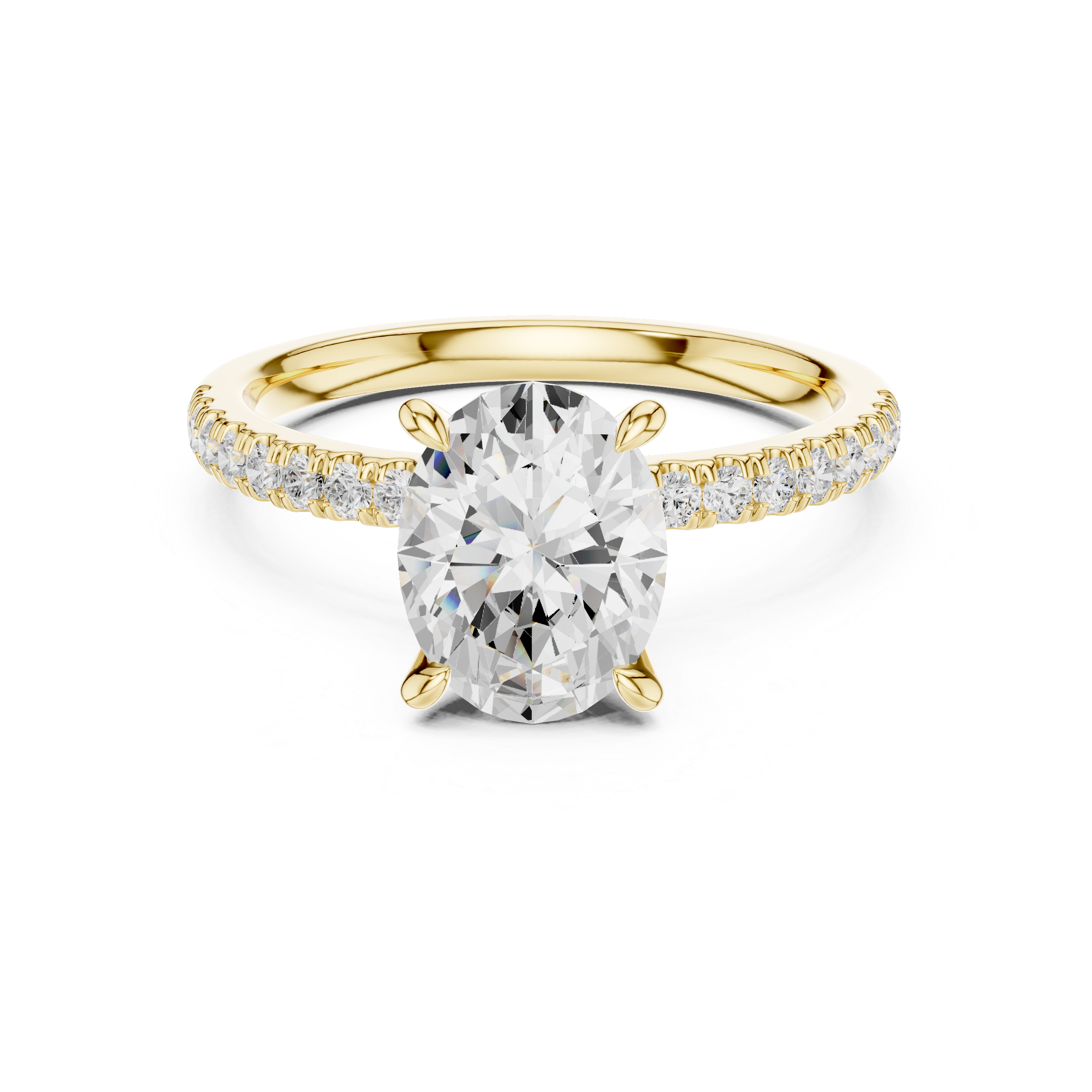 Gold ring with a large diamond and smaller diamonds on the band against a white background