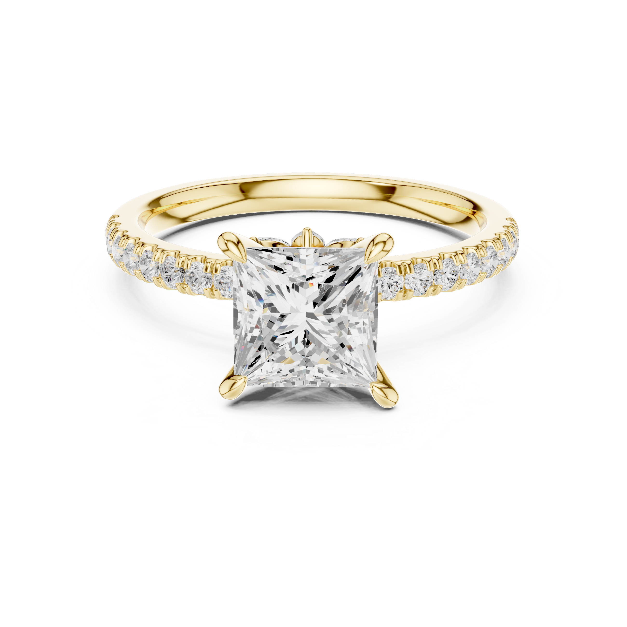 Gold ring with a large diamond and smaller diamonds on the band against a white background
