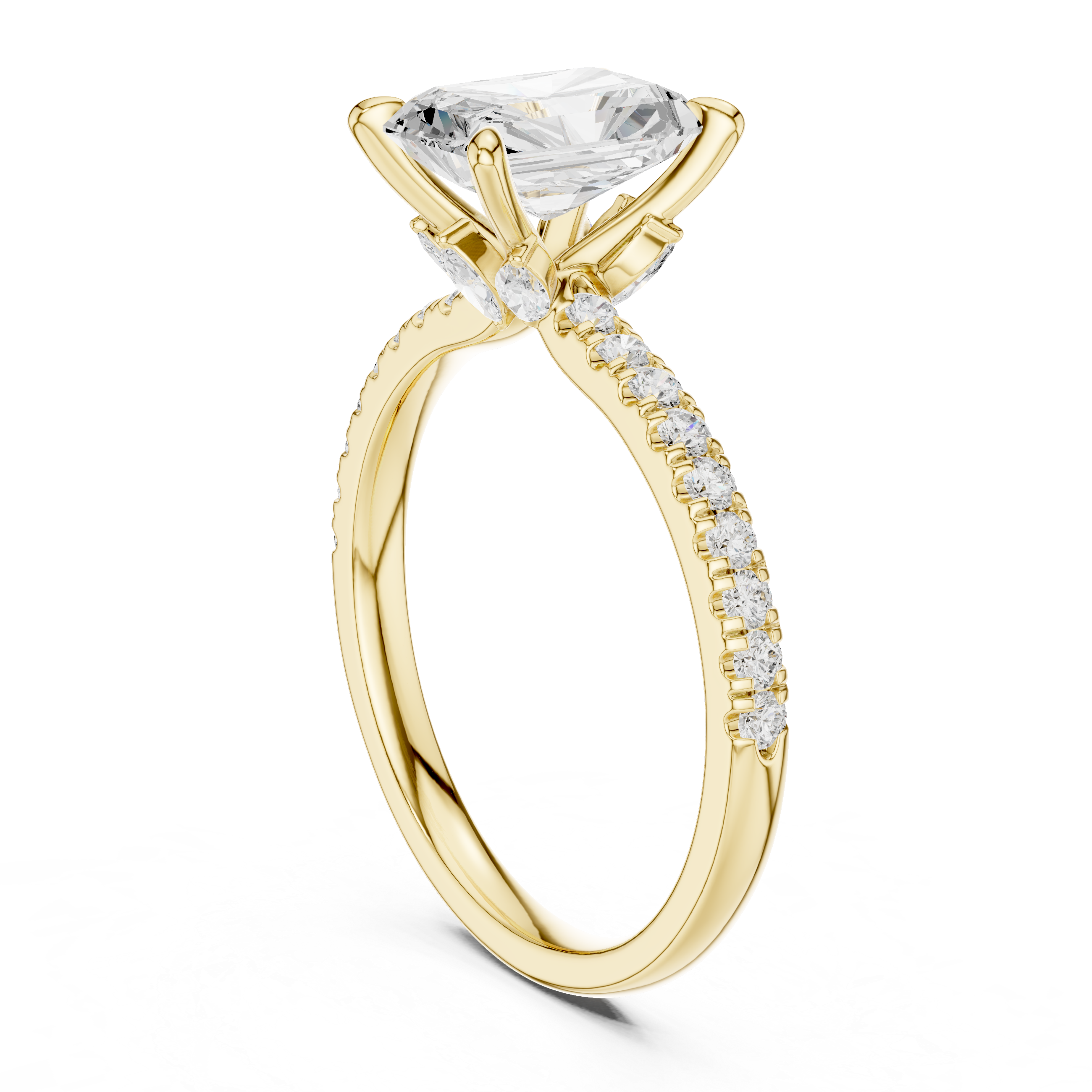 Gold ring with a large diamond and smaller diamonds on the band against a white background