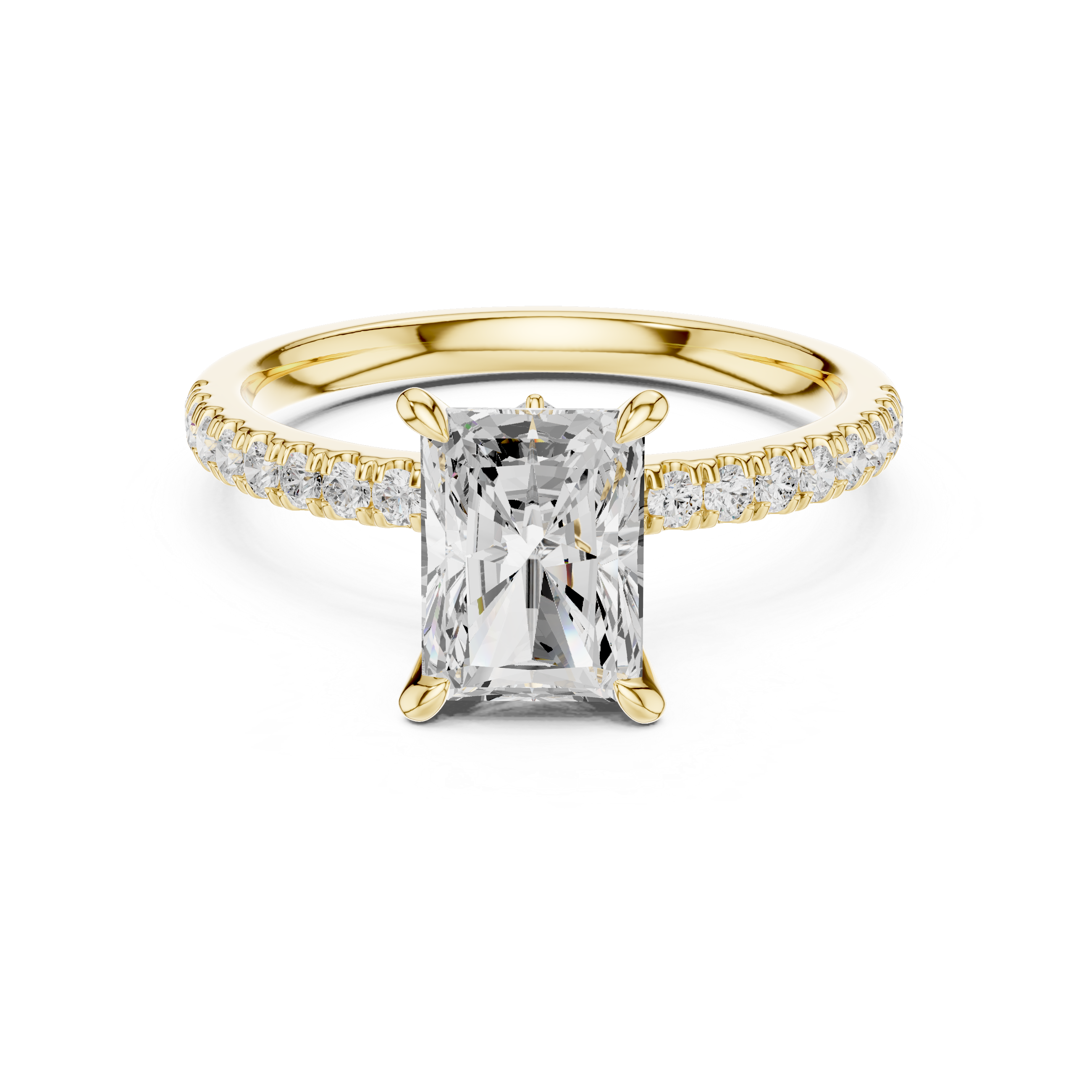 Gold ring with a large diamond and smaller diamonds on the band against a white background