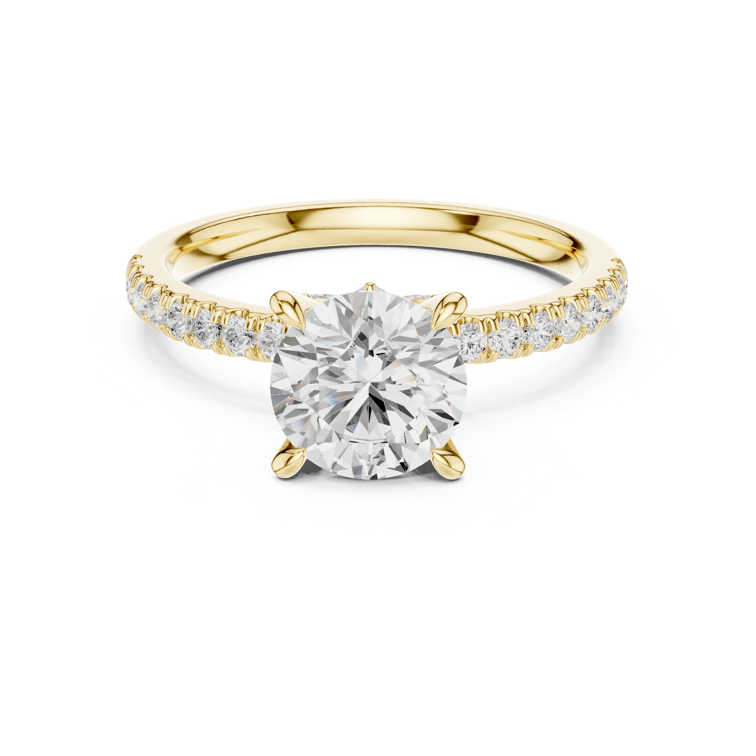 Gold ring with a large diamond and smaller diamonds on the band against a white background