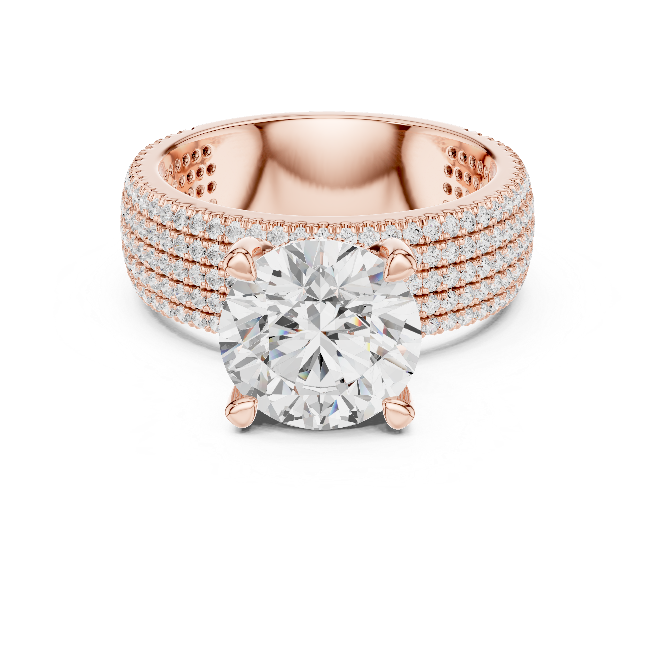Rose gold ring with a large diamond and smaller diamonds on the band against a white background