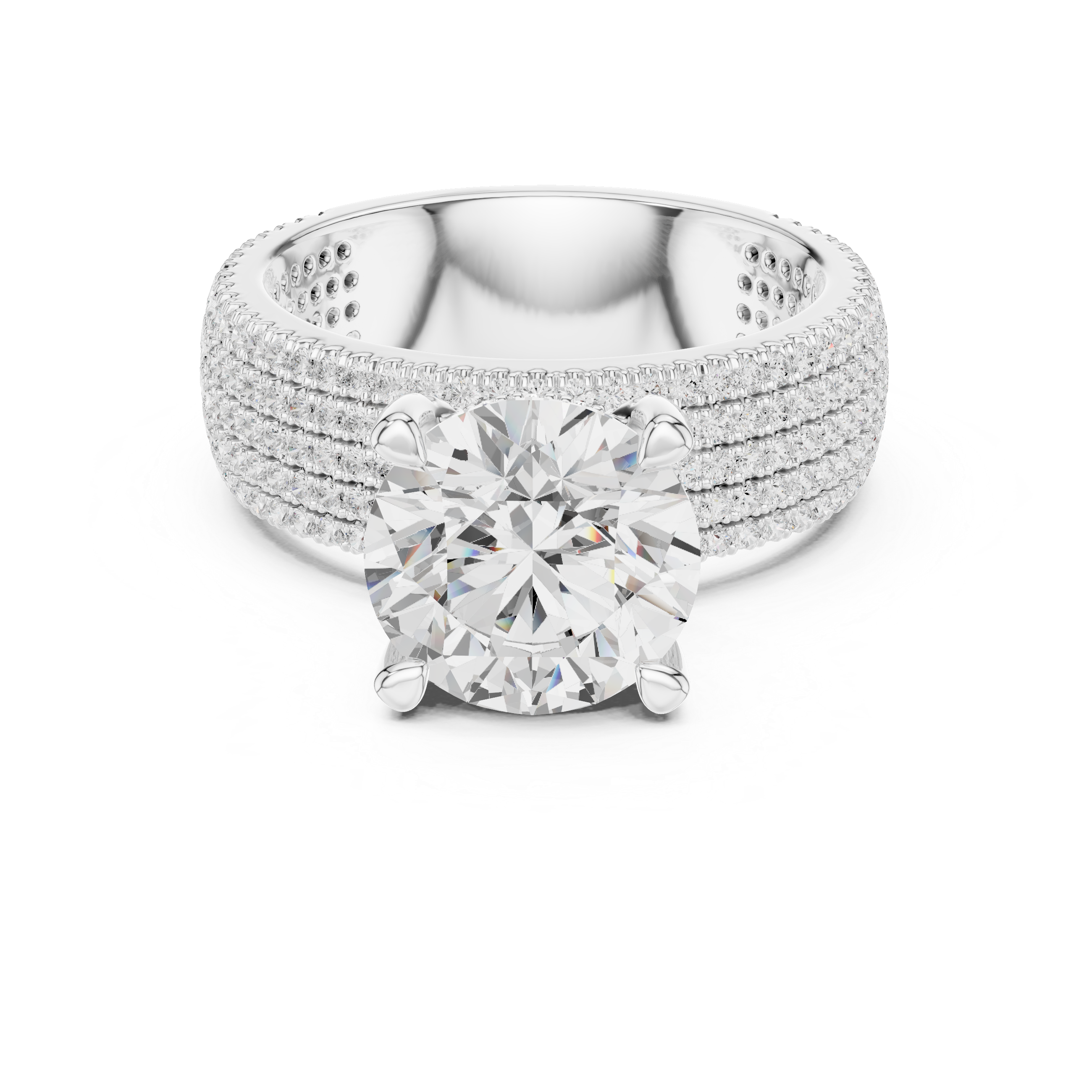 Silver ring with a large diamond and smaller diamonds on the band against a white background