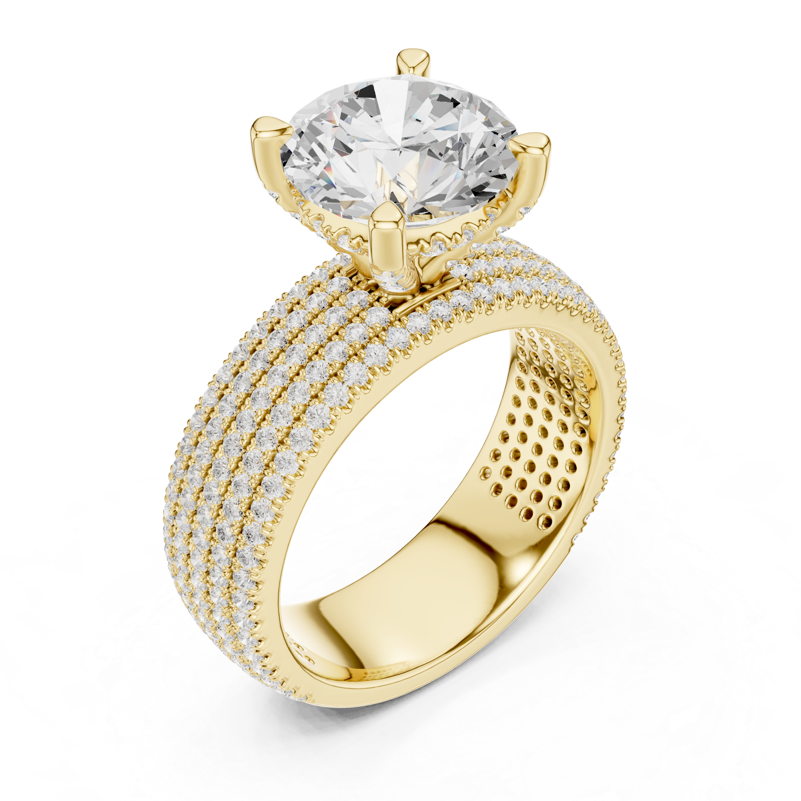 Gold ring with a large diamond and smaller diamonds on the band against a white background