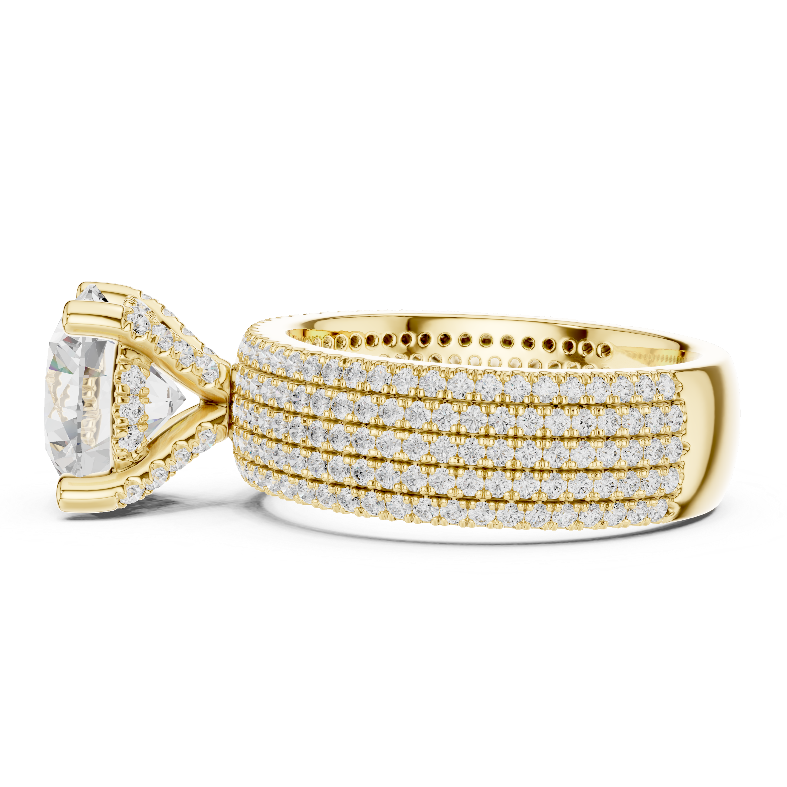 Gold ring with diamond accents on a white background