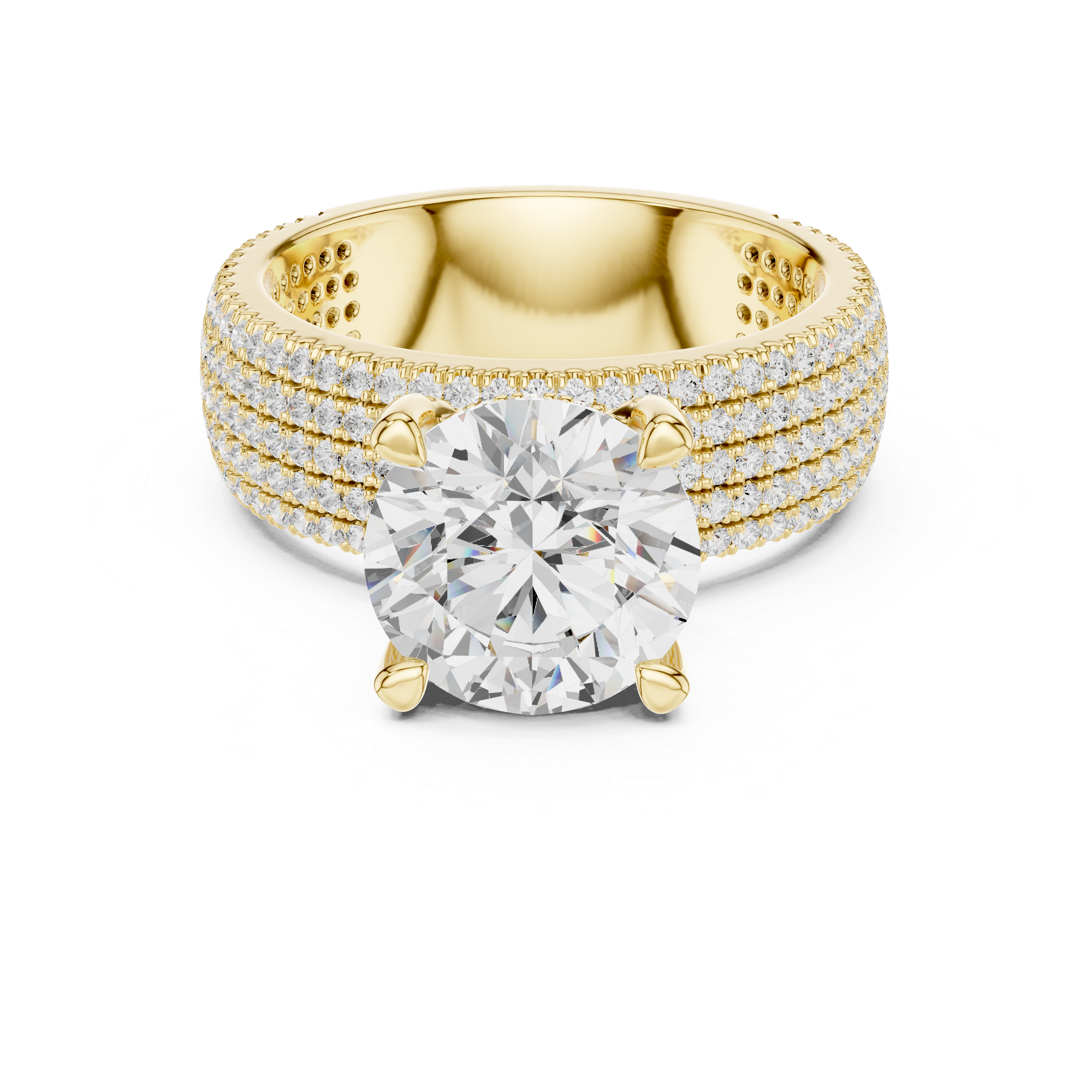 Gold ring with a large diamond and smaller diamonds on the band against a white background