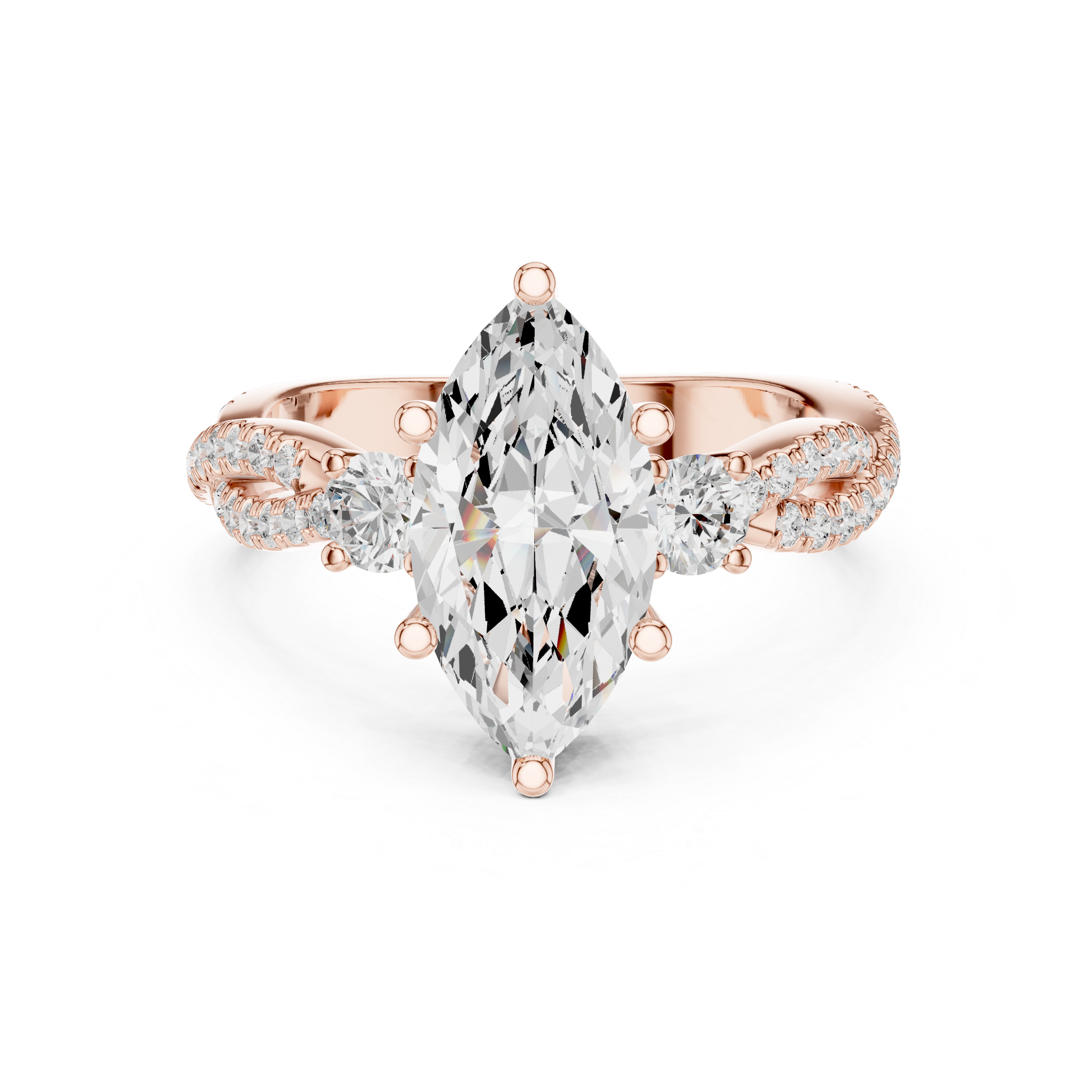 Rose gold ring with a large marquise-shaped diamond and smaller diamonds on a white background