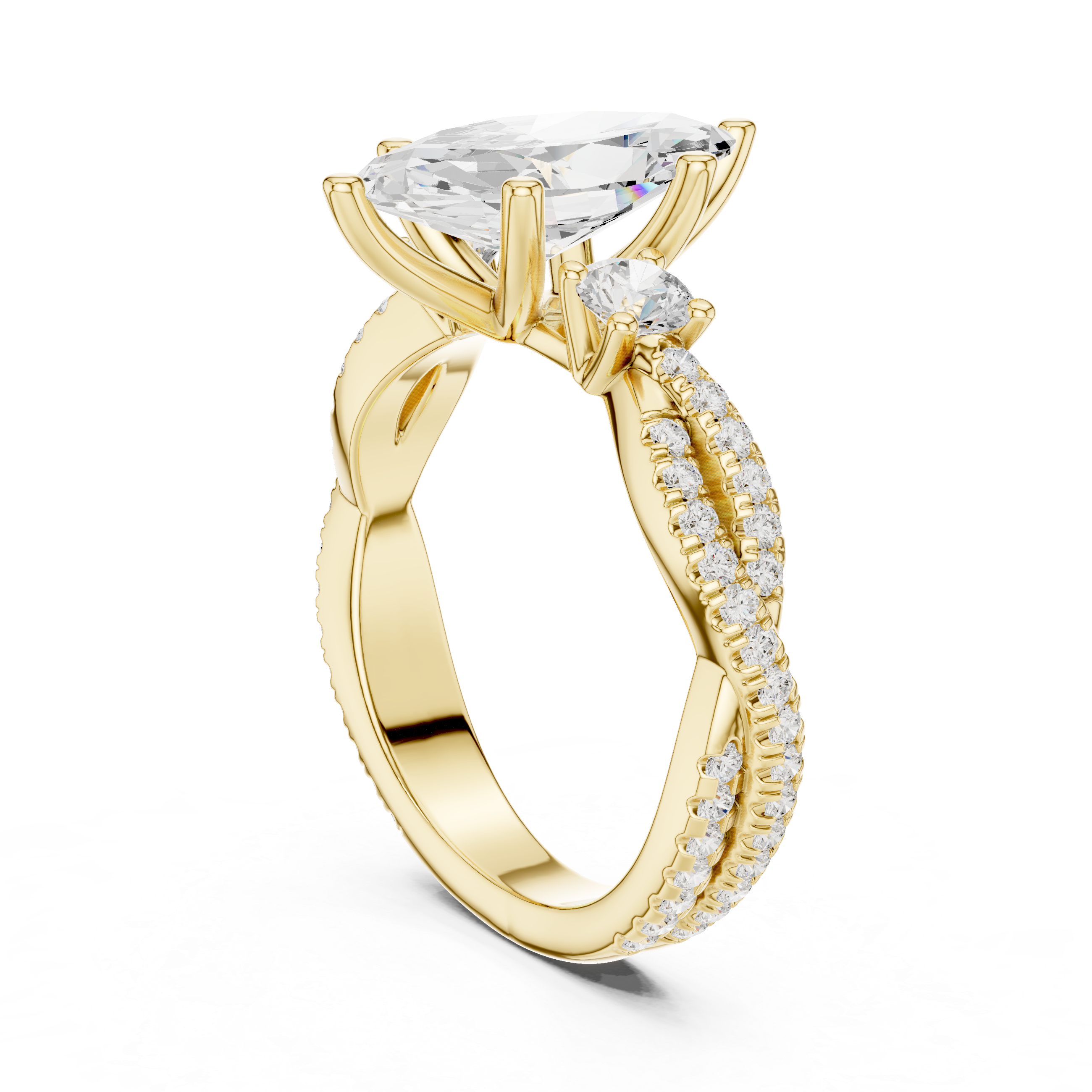 Gold ring with a large diamond and smaller diamonds on the band against a white background
