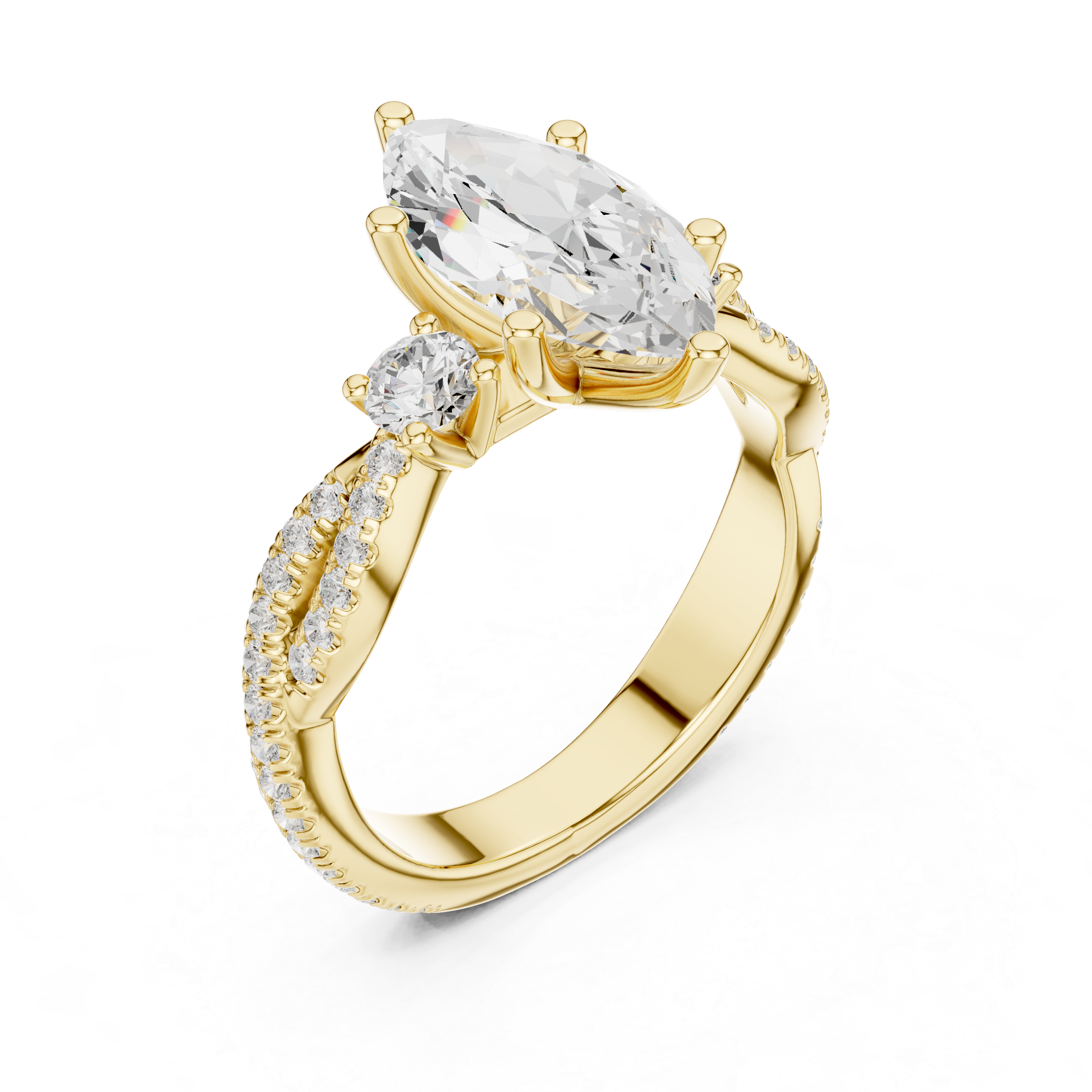 Gold ring with a large diamond and smaller diamonds on a white background