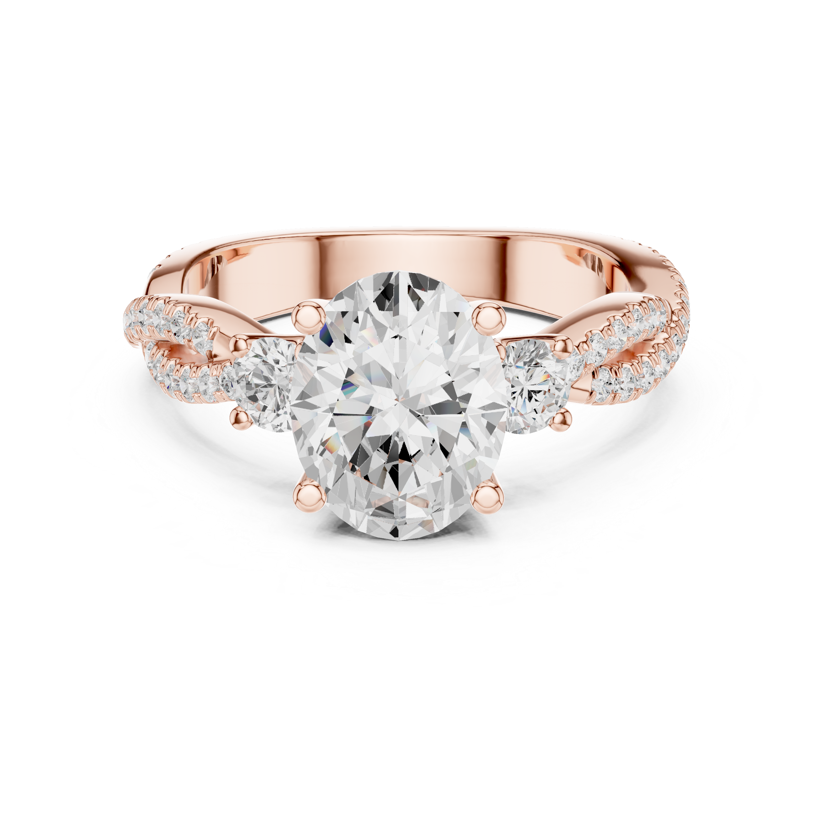 Rose gold ring with a large diamond and smaller diamonds on the sides against a white background