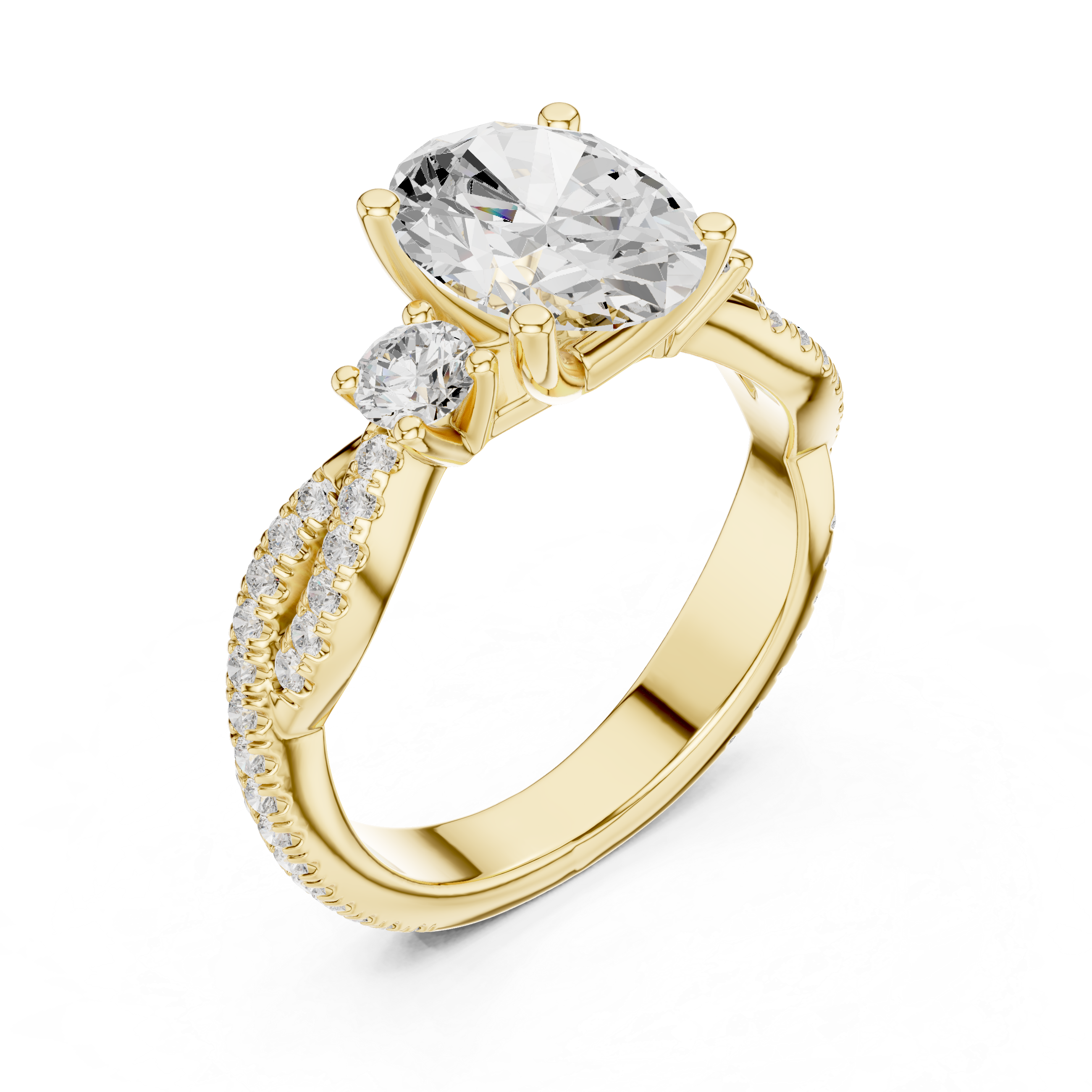 Gold ring with a large diamond and smaller diamonds on a white background