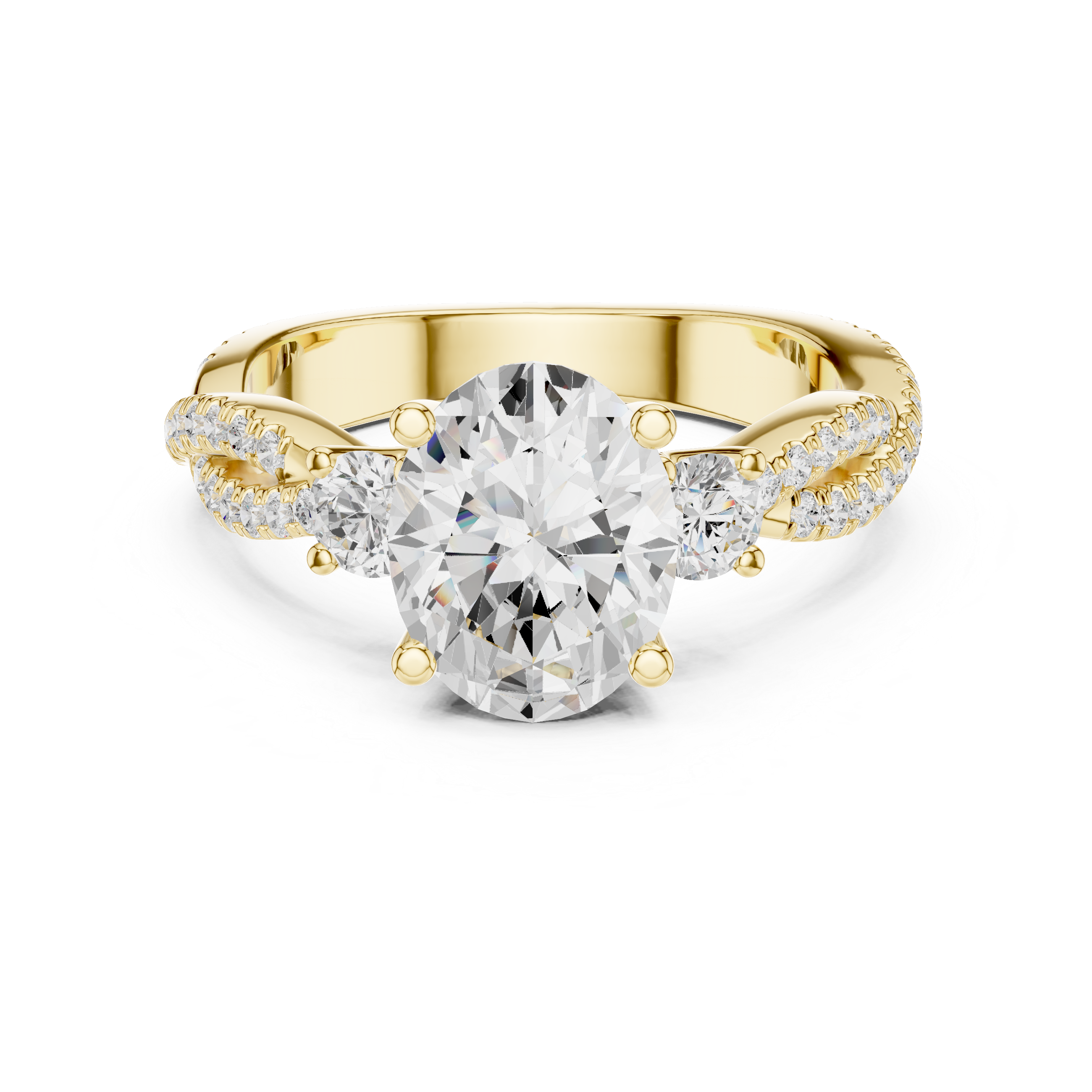 Gold ring with a large diamond and smaller diamonds on the band against a white background