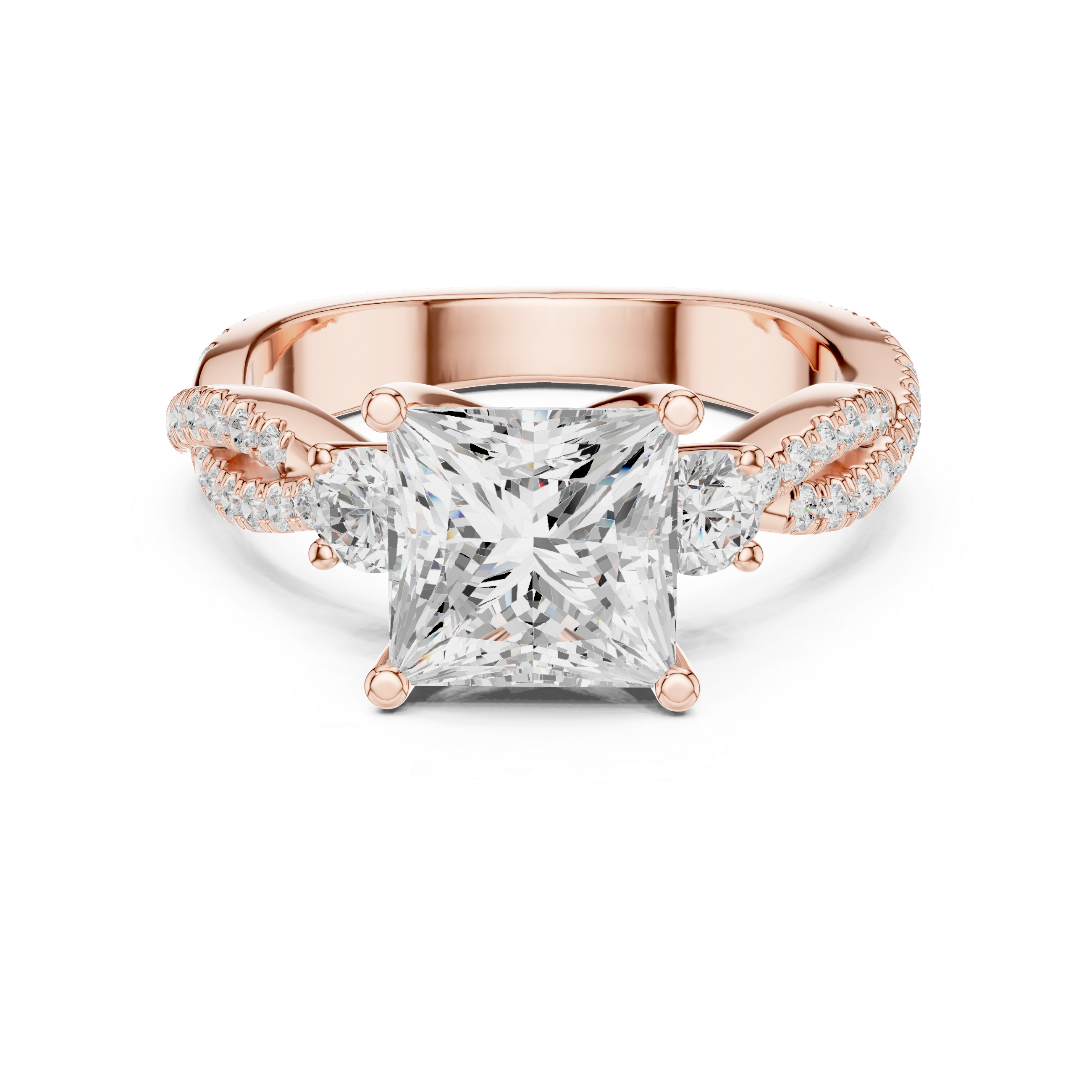 Rose gold ring with a large diamond and smaller diamonds on the band against a white background