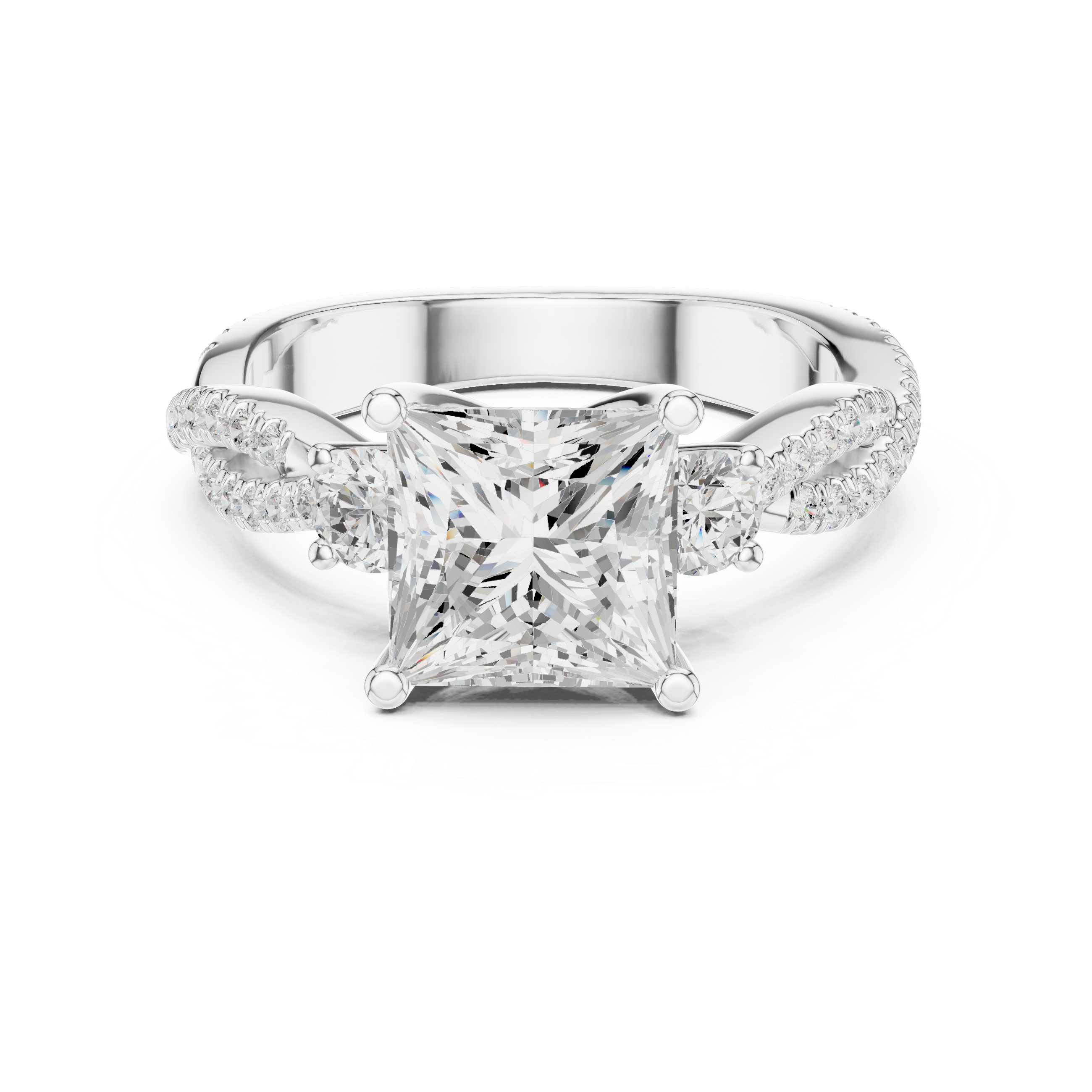Diamond ring with a central princess-cut diamond and smaller diamonds on a white background