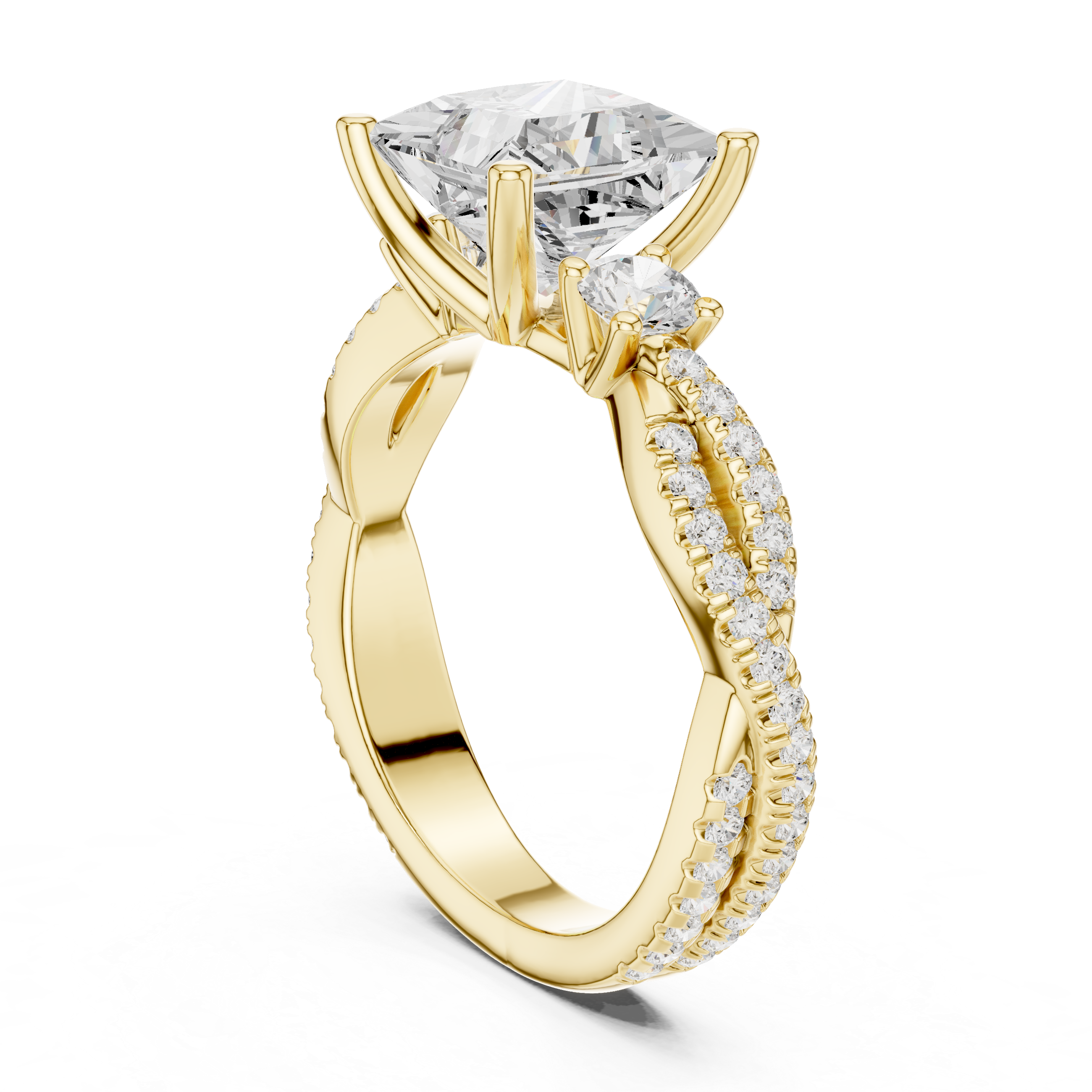 Gold ring with a large diamond and smaller diamonds on the band against a white background