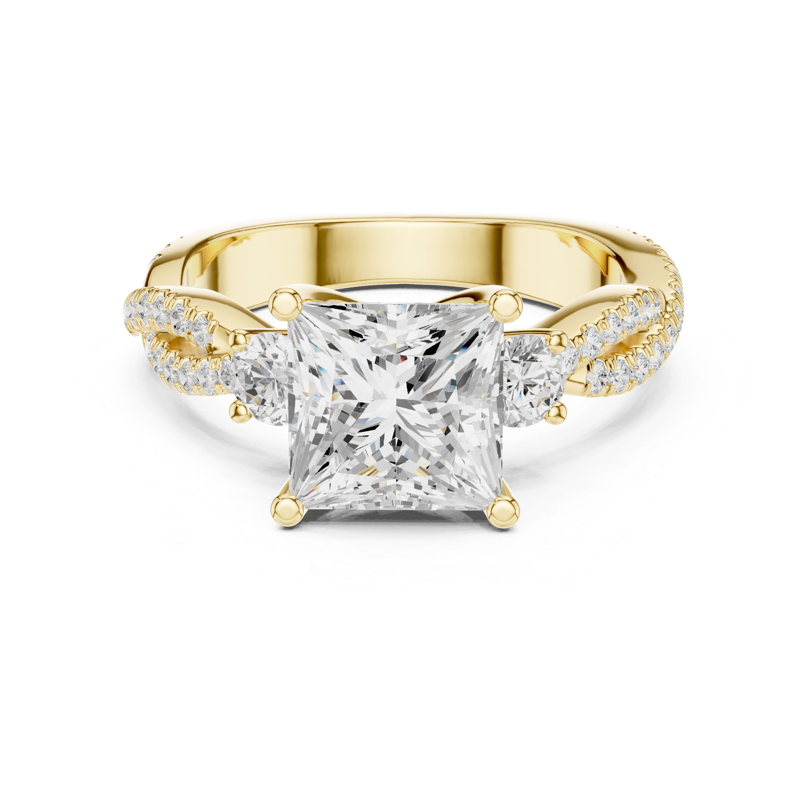 Gold ring with a large diamond and smaller diamonds on the band against a white background