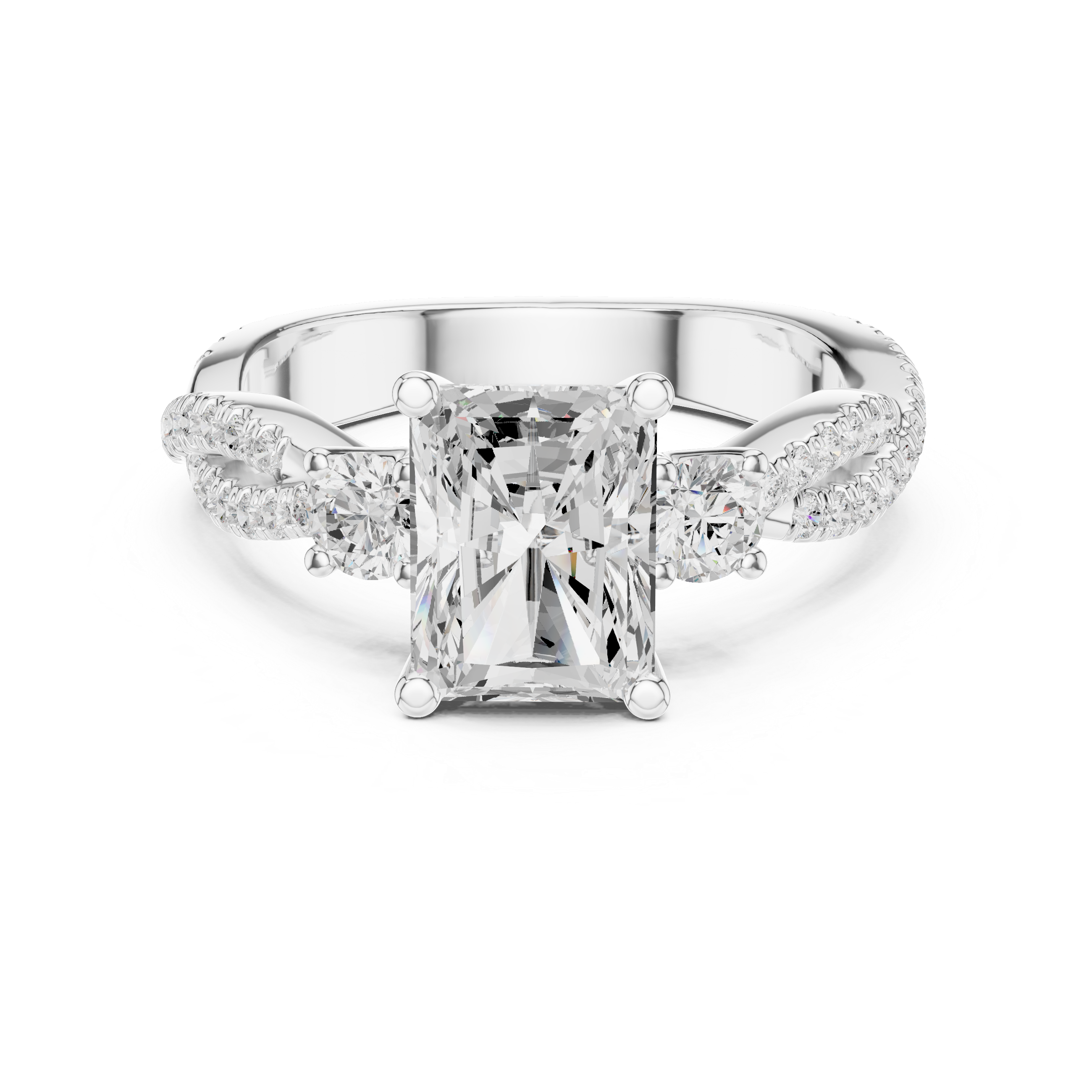 Diamond ring with a central gemstone and smaller diamonds on a white background