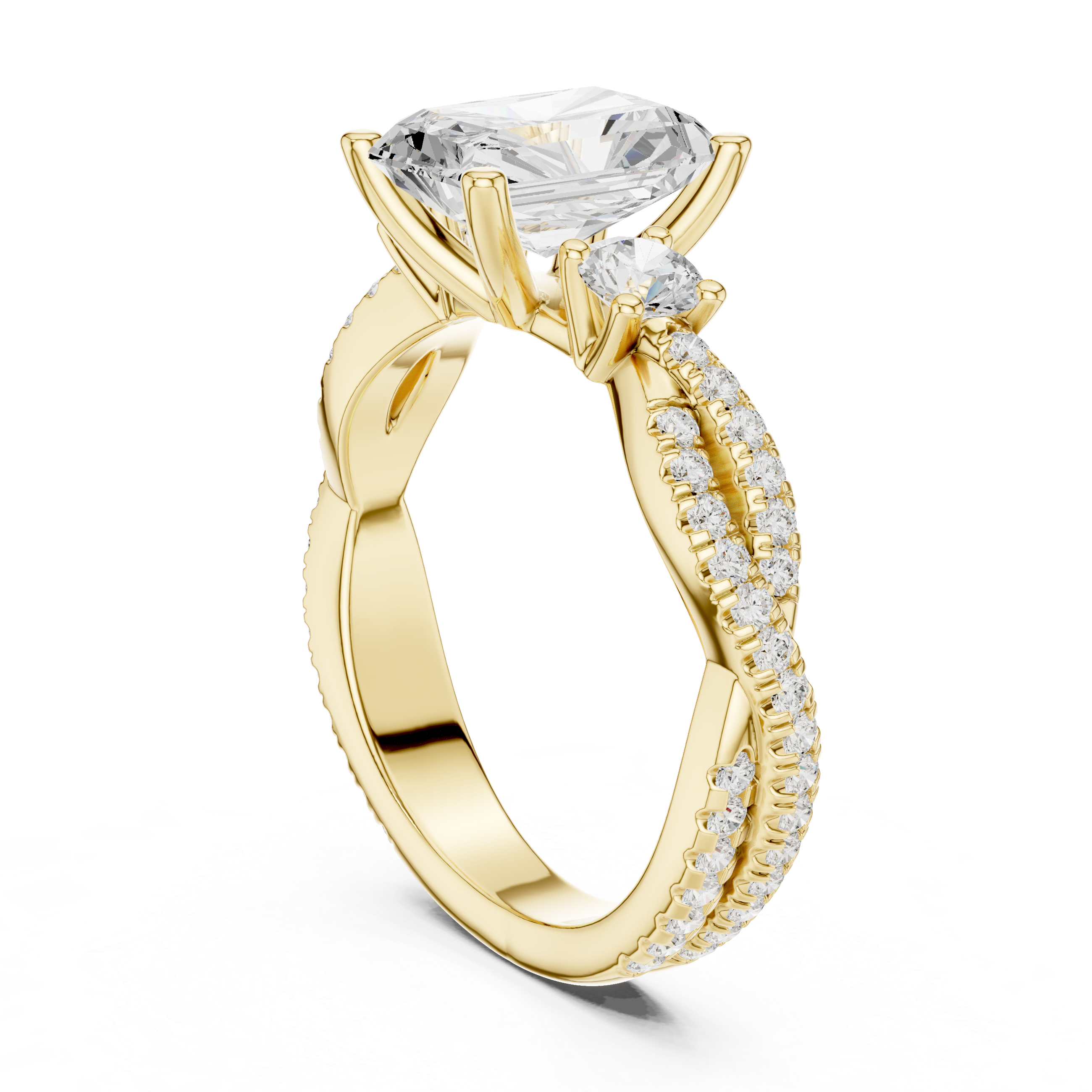 Gold ring with a large diamond and smaller diamonds on the band against a white background