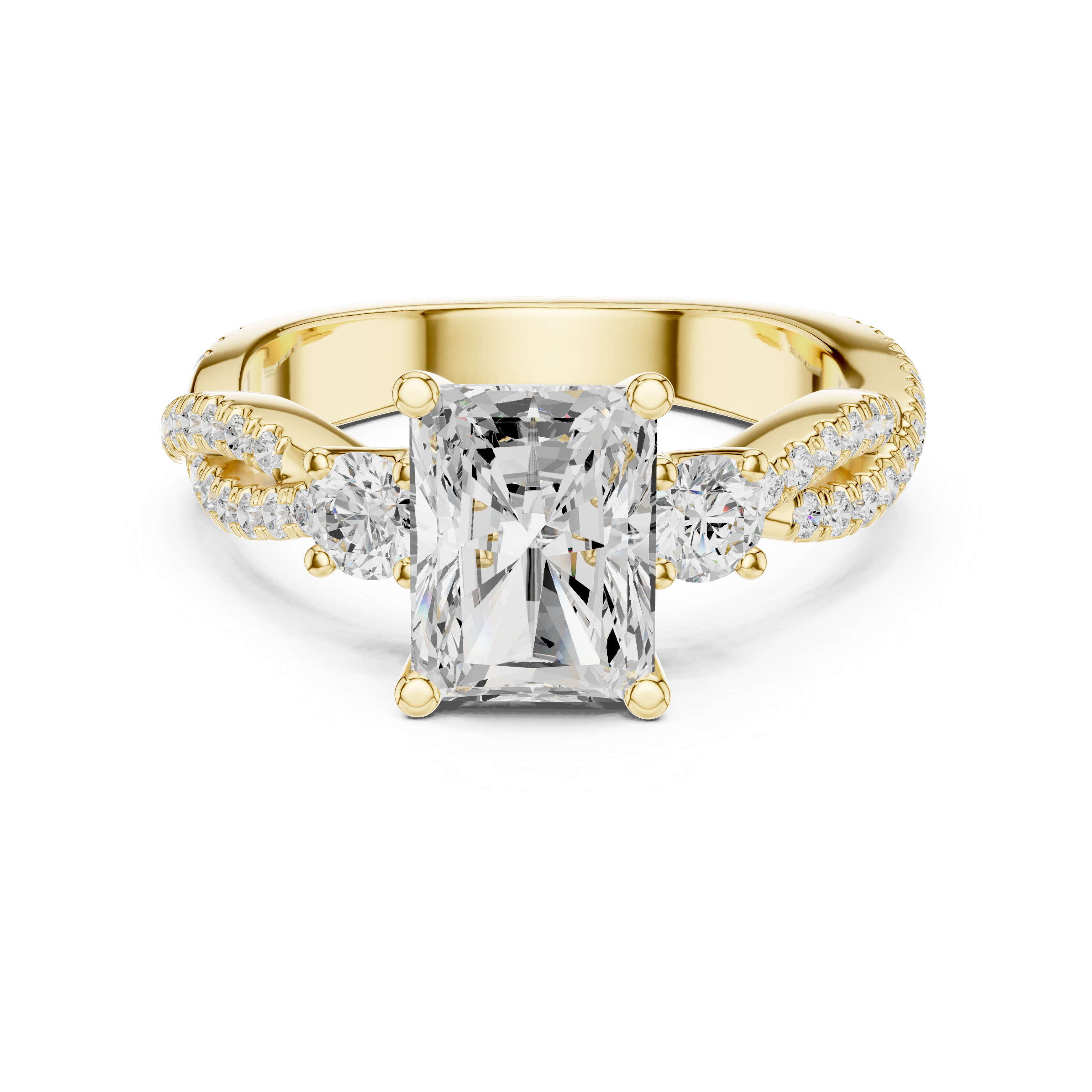 Gold ring with a large diamond and smaller diamonds on a white background