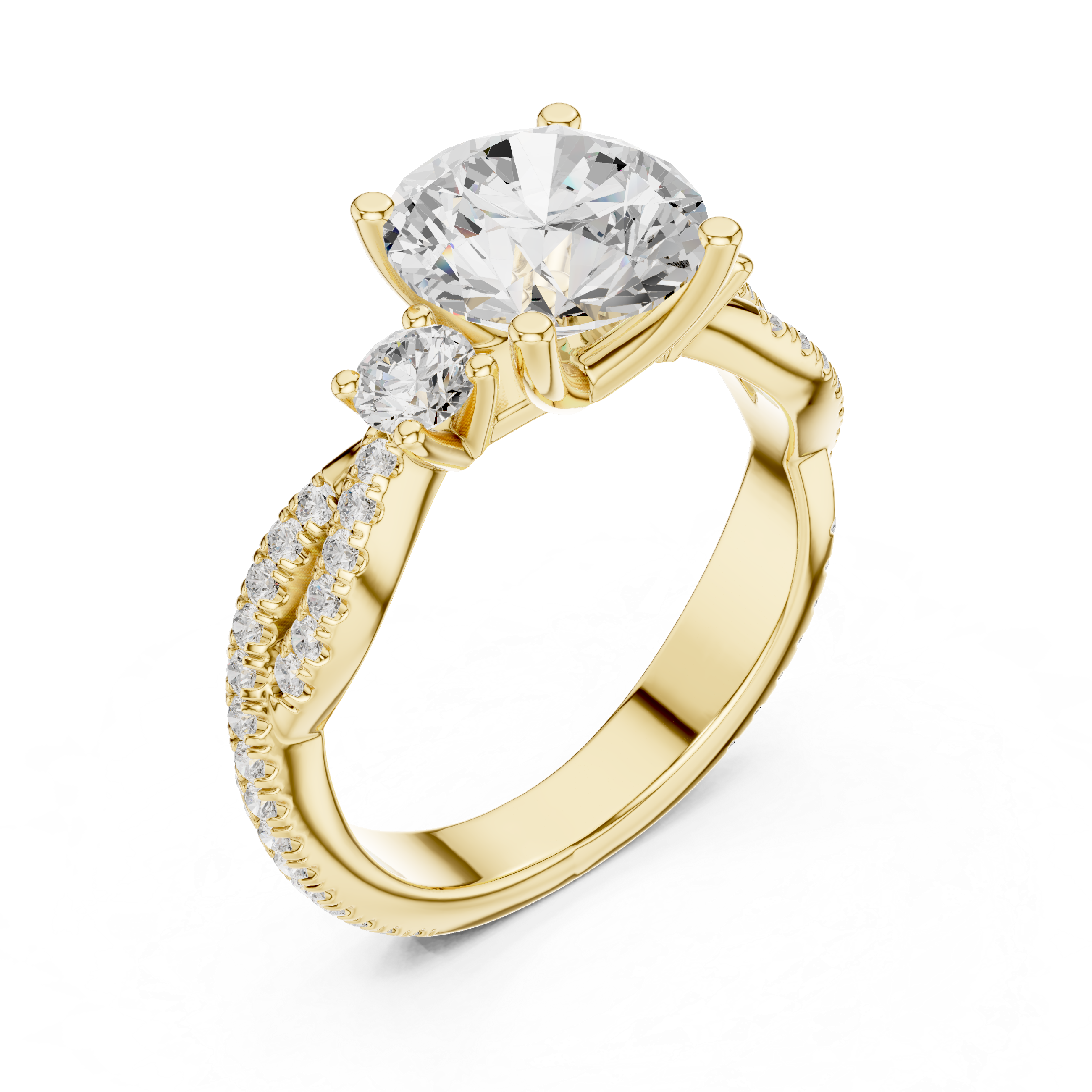 Gold ring with a large diamond and smaller gemstones on a white background