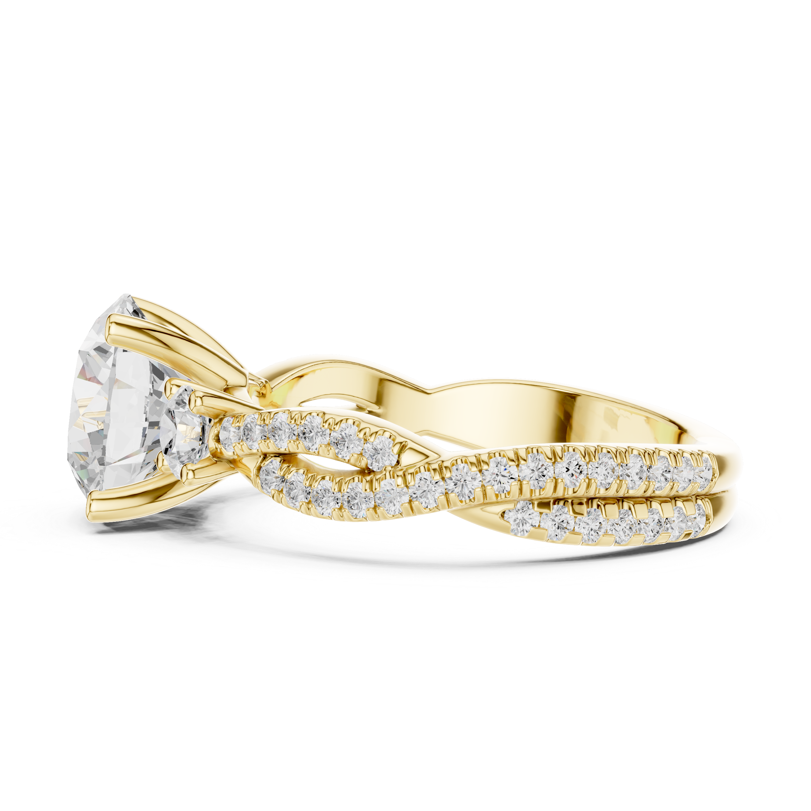 Gold ring with diamond accents on a white background