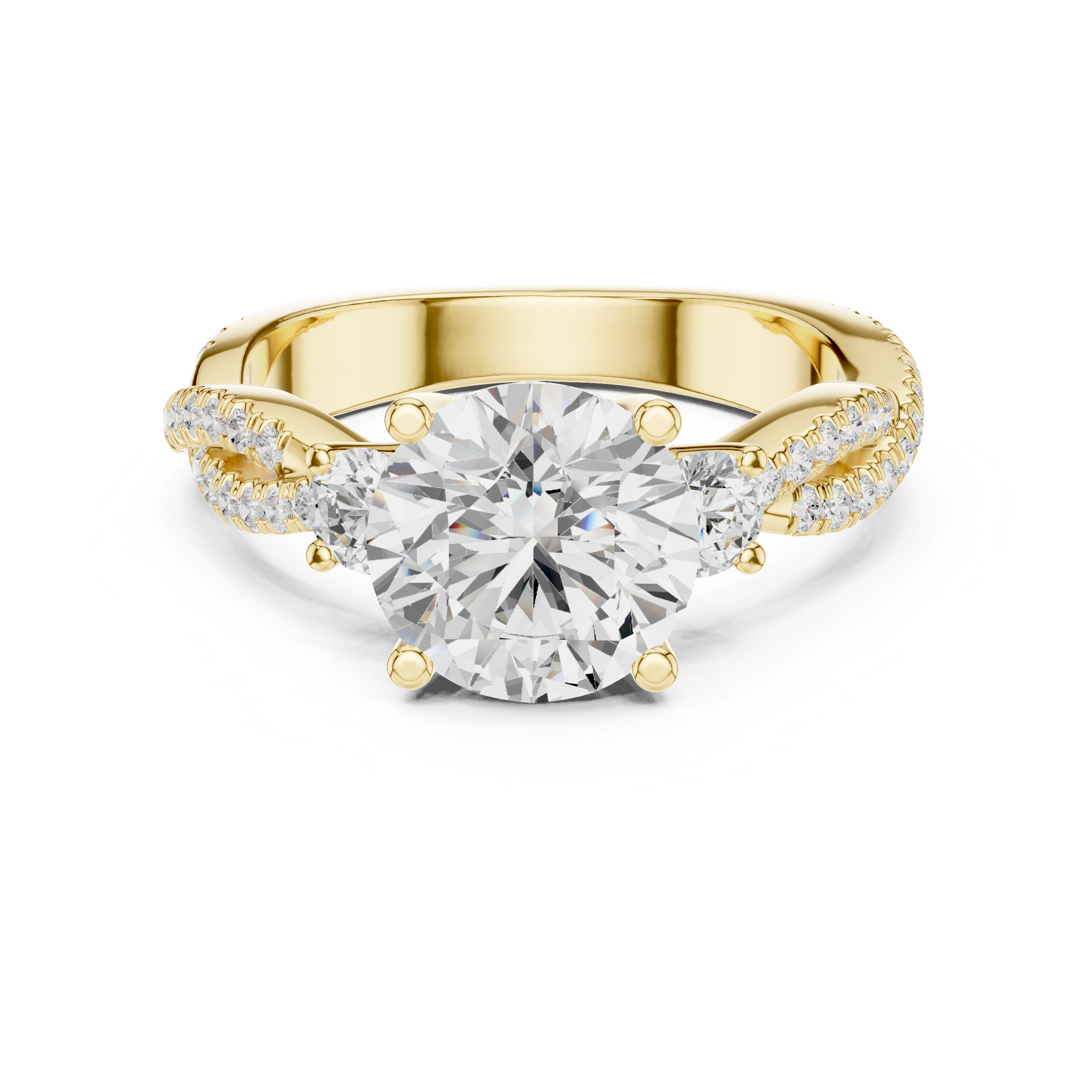 Gold ring with a large diamond and smaller diamonds on the band against a white background