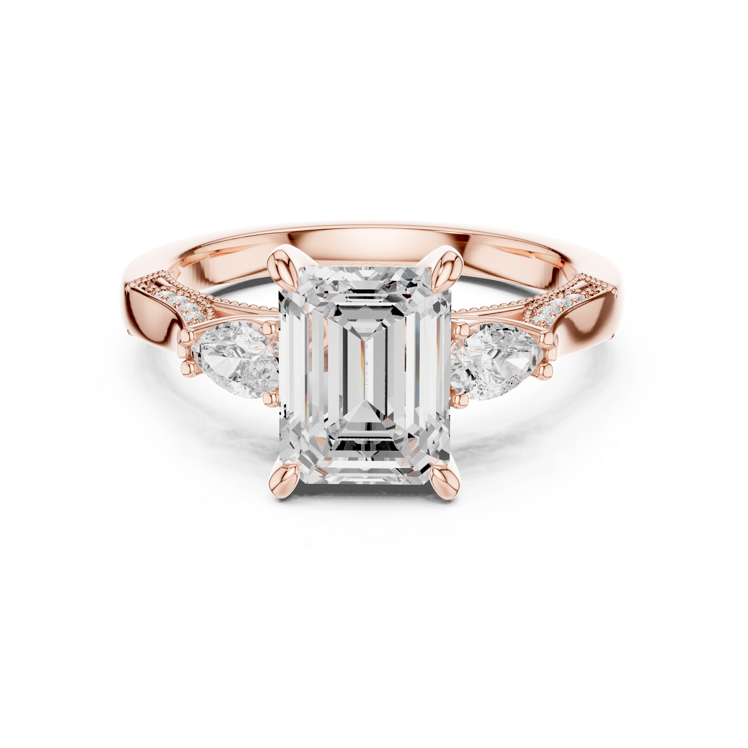 Rose gold ring with a large diamond and smaller diamonds on a white background
