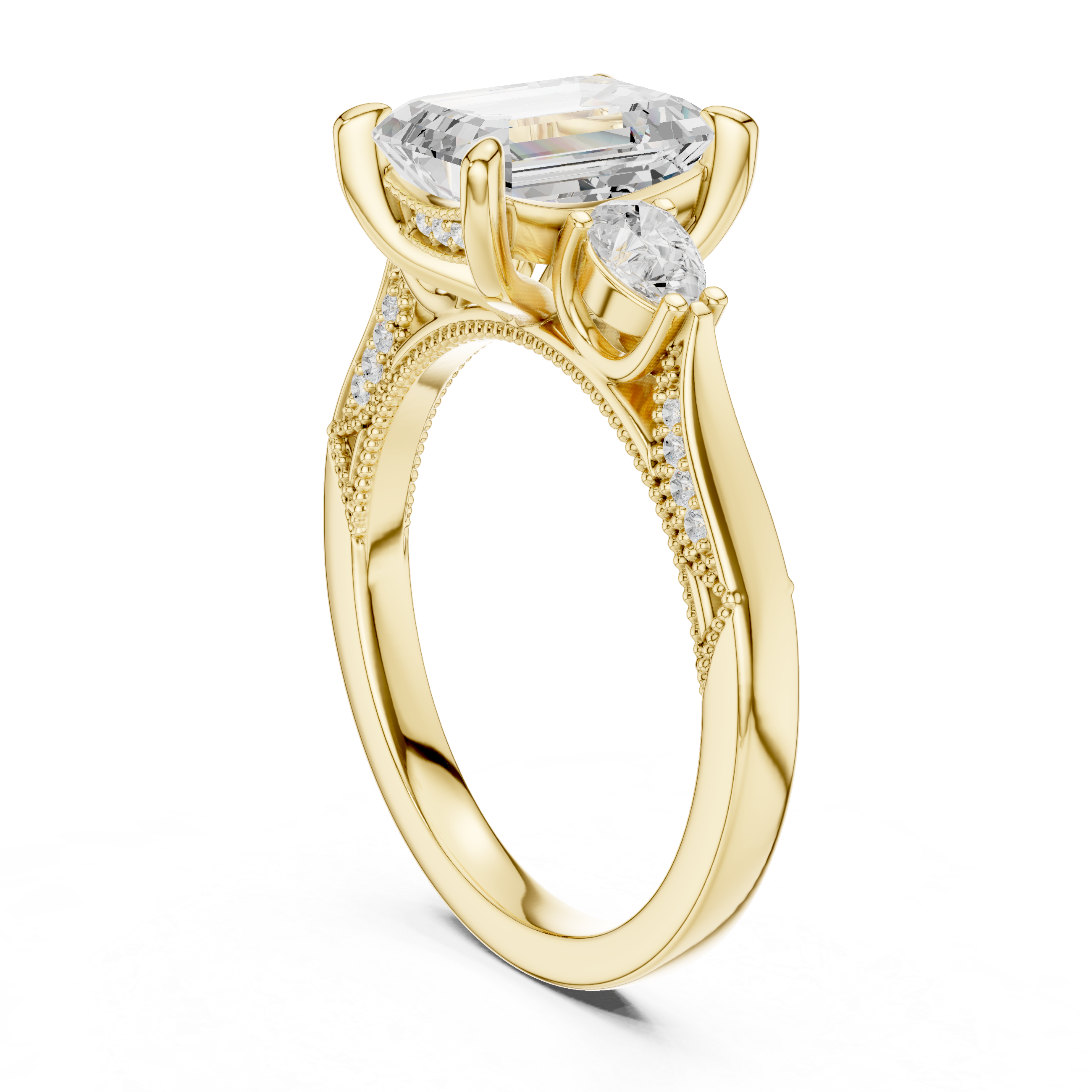 Gold ring with two diamonds on a white background