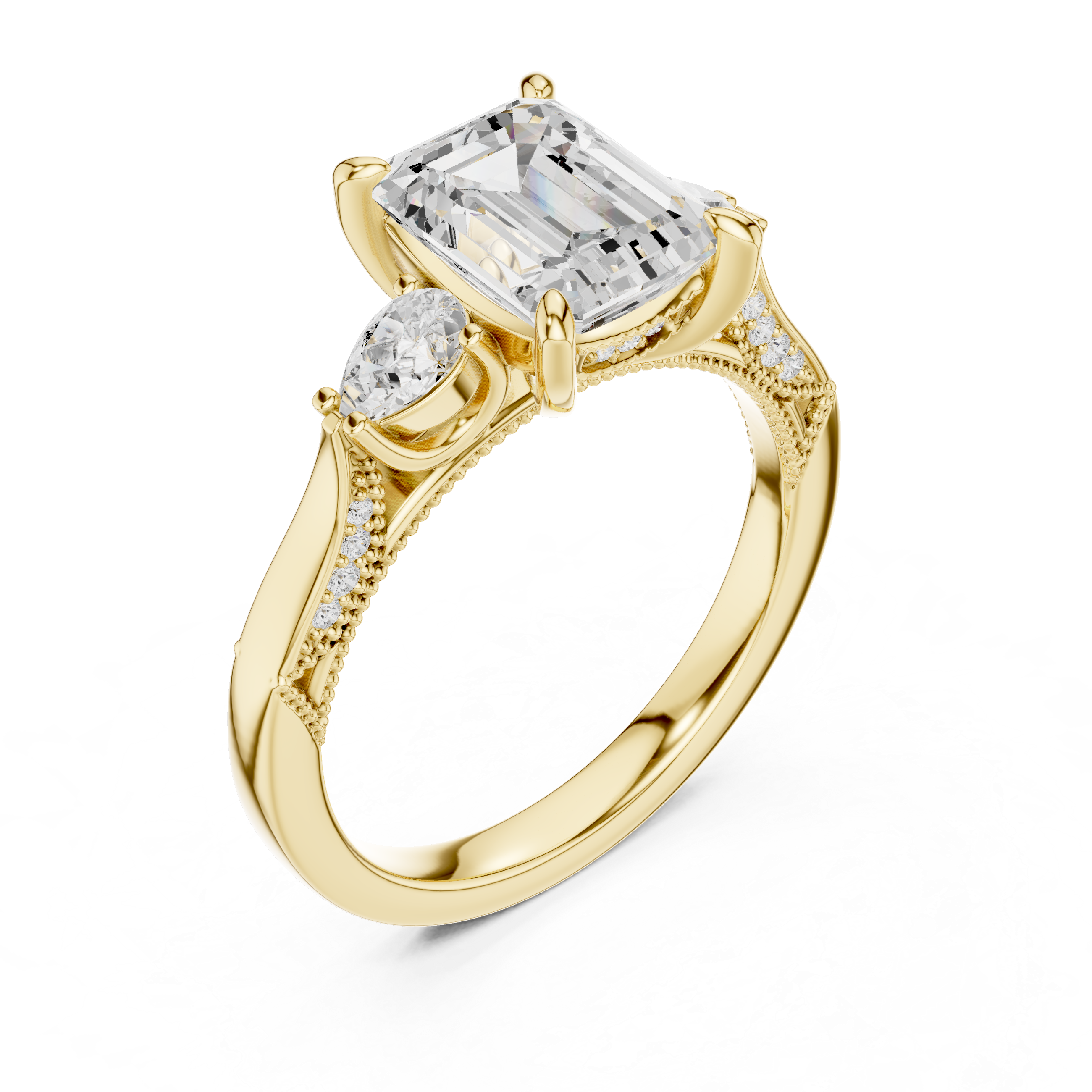 Gold ring with two diamonds on a white background