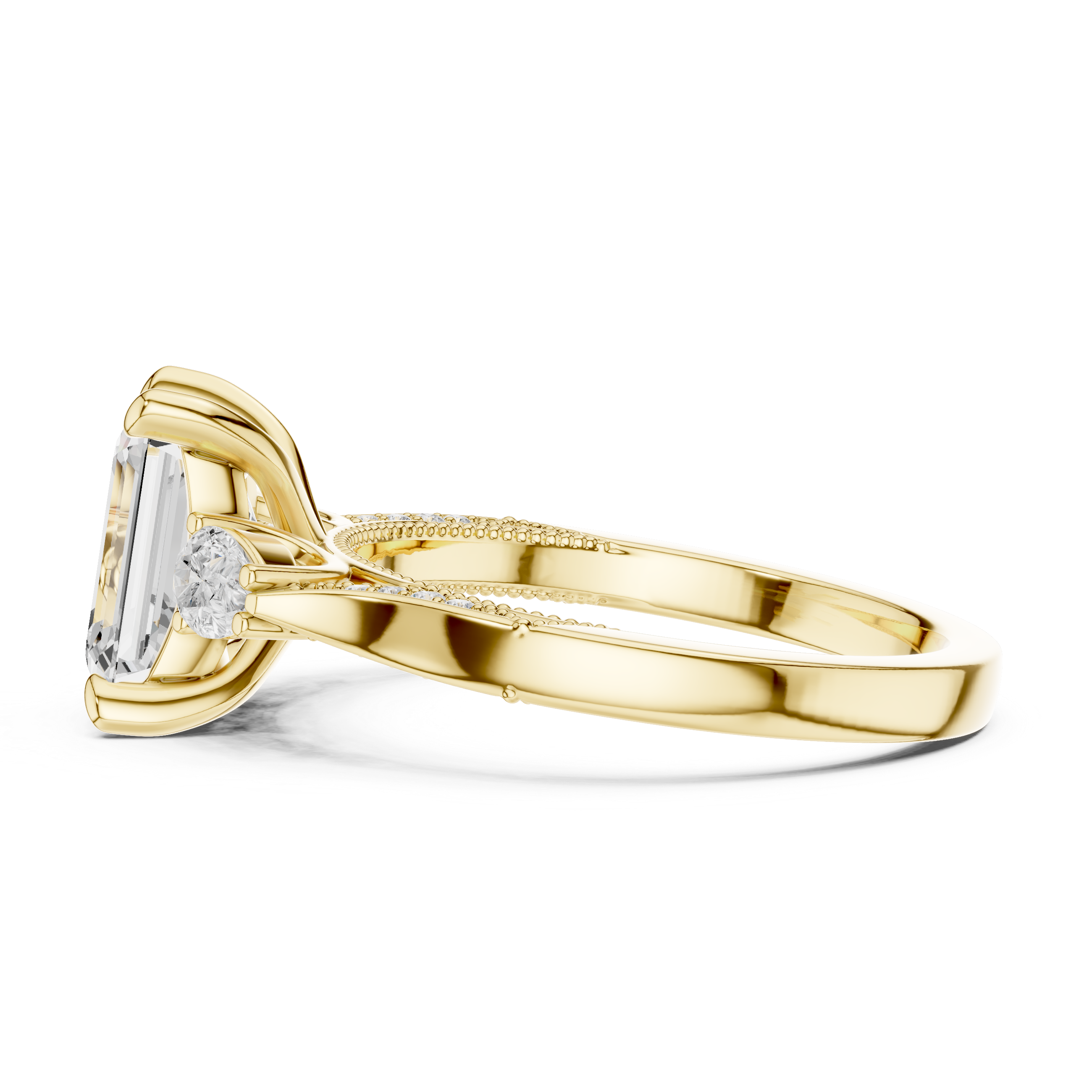 Gold ring with a diamond on a white background