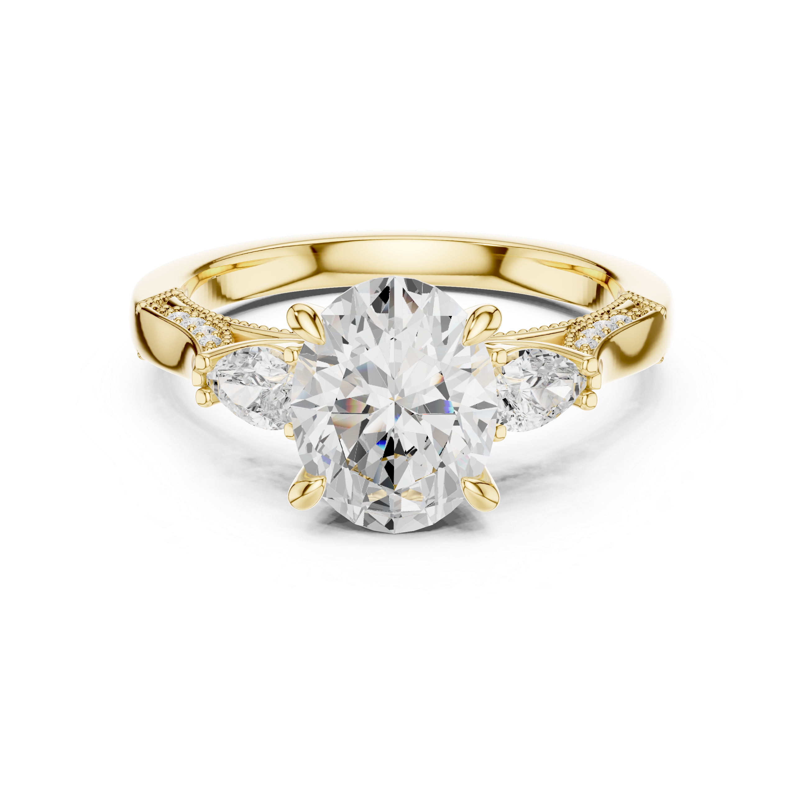 Gold ring with a large diamond and smaller diamonds on a white background