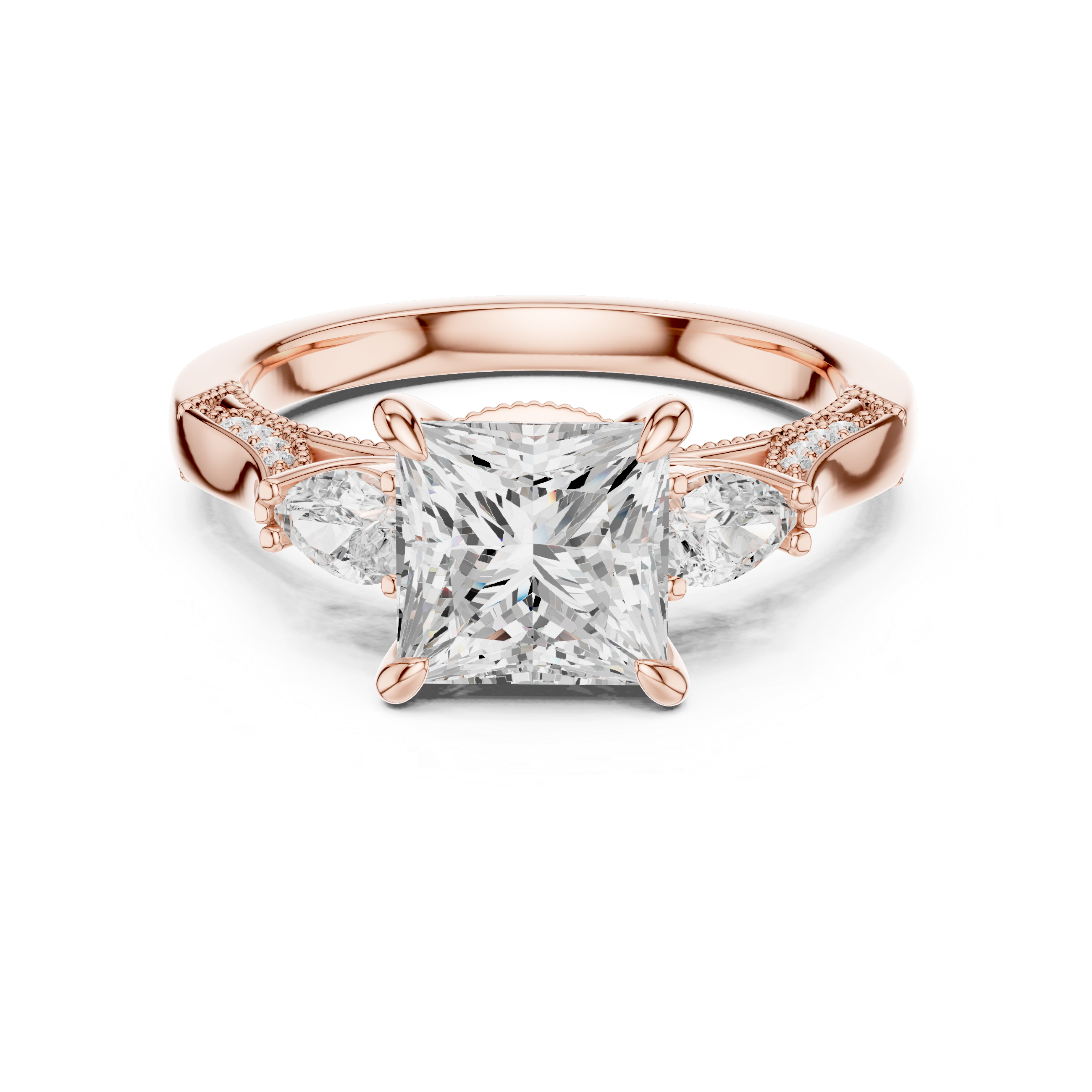 Rose gold ring with a large diamond and smaller diamonds on the sides against a white background