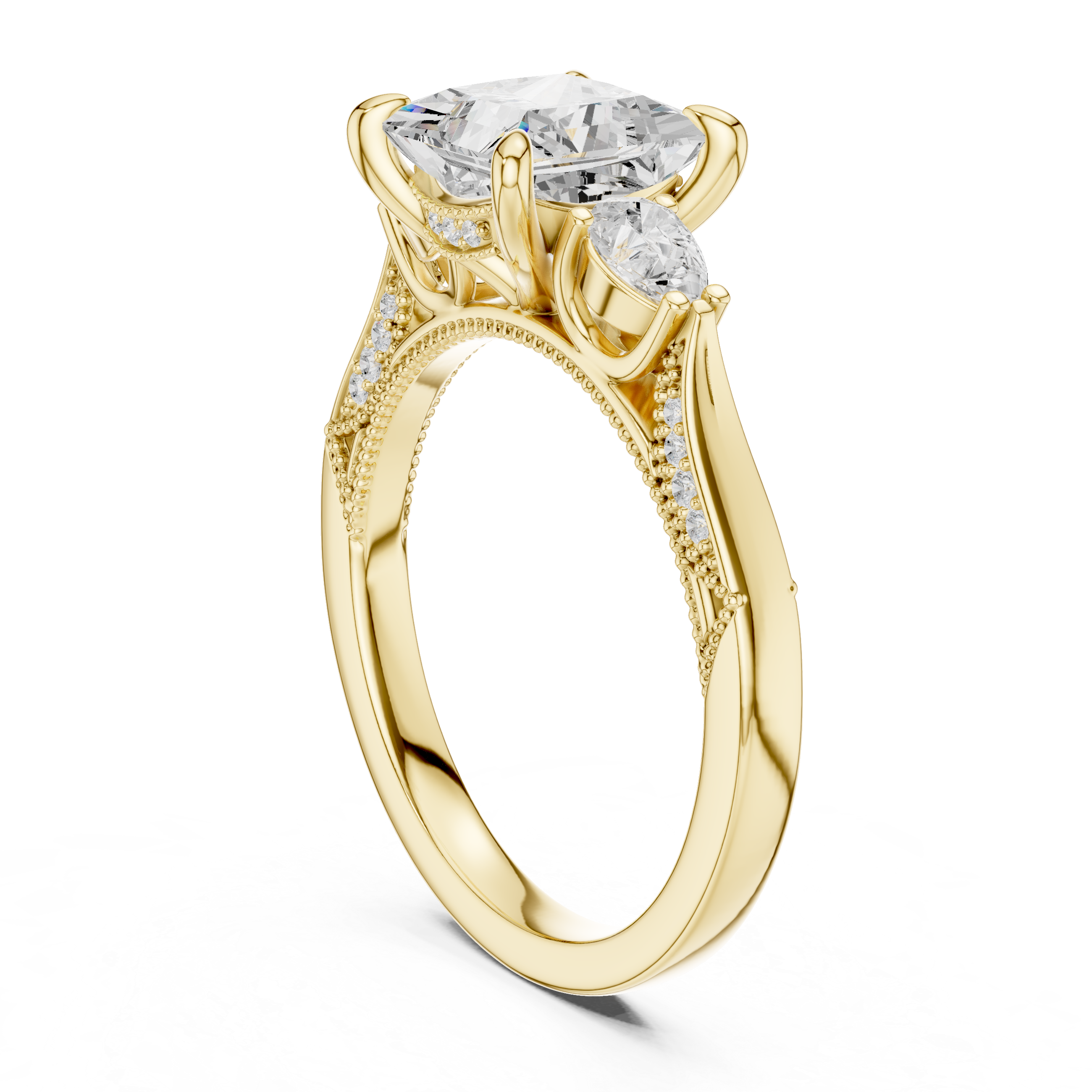 Gold ring with a diamond on a white background
