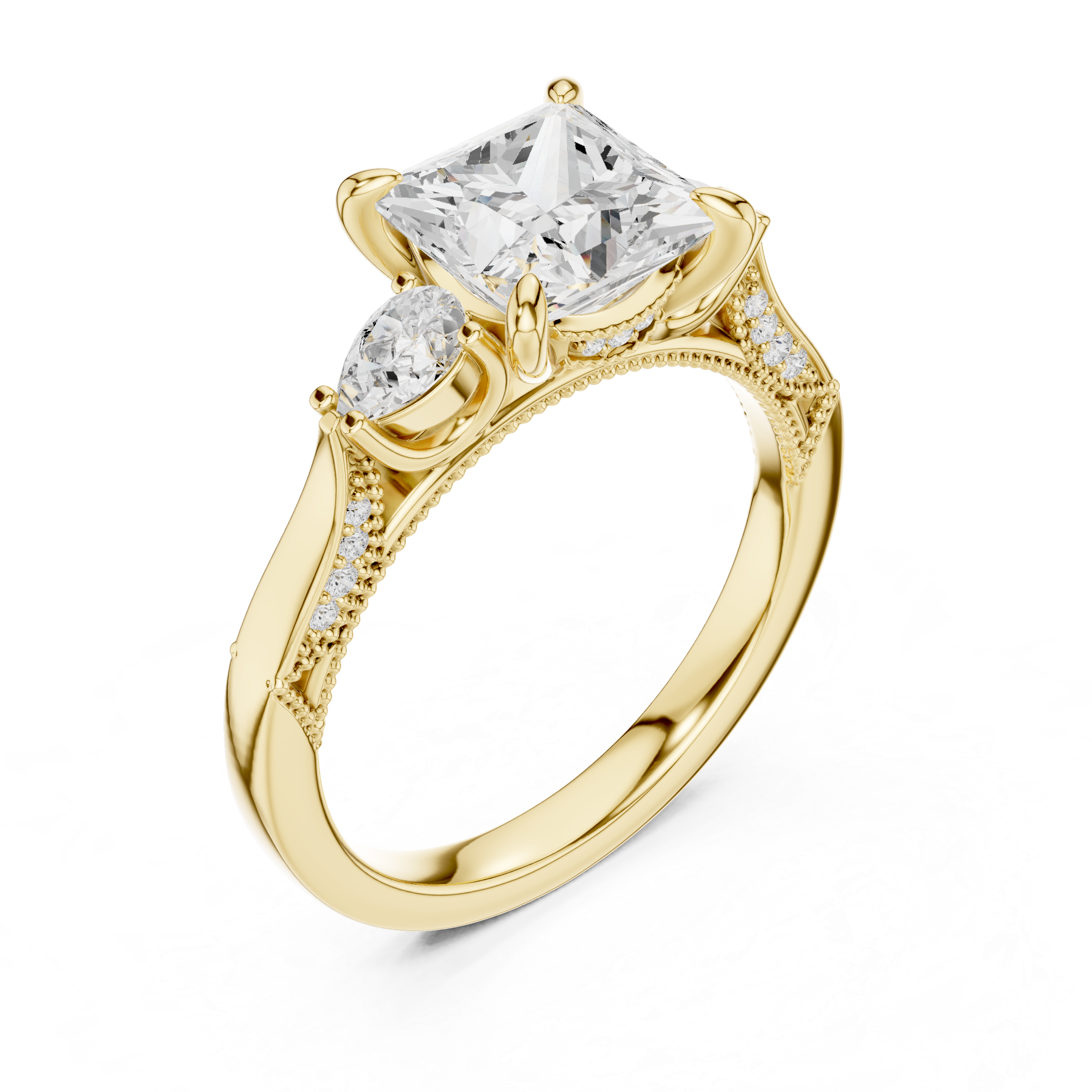Gold ring with a large diamond and smaller gemstones on a white background