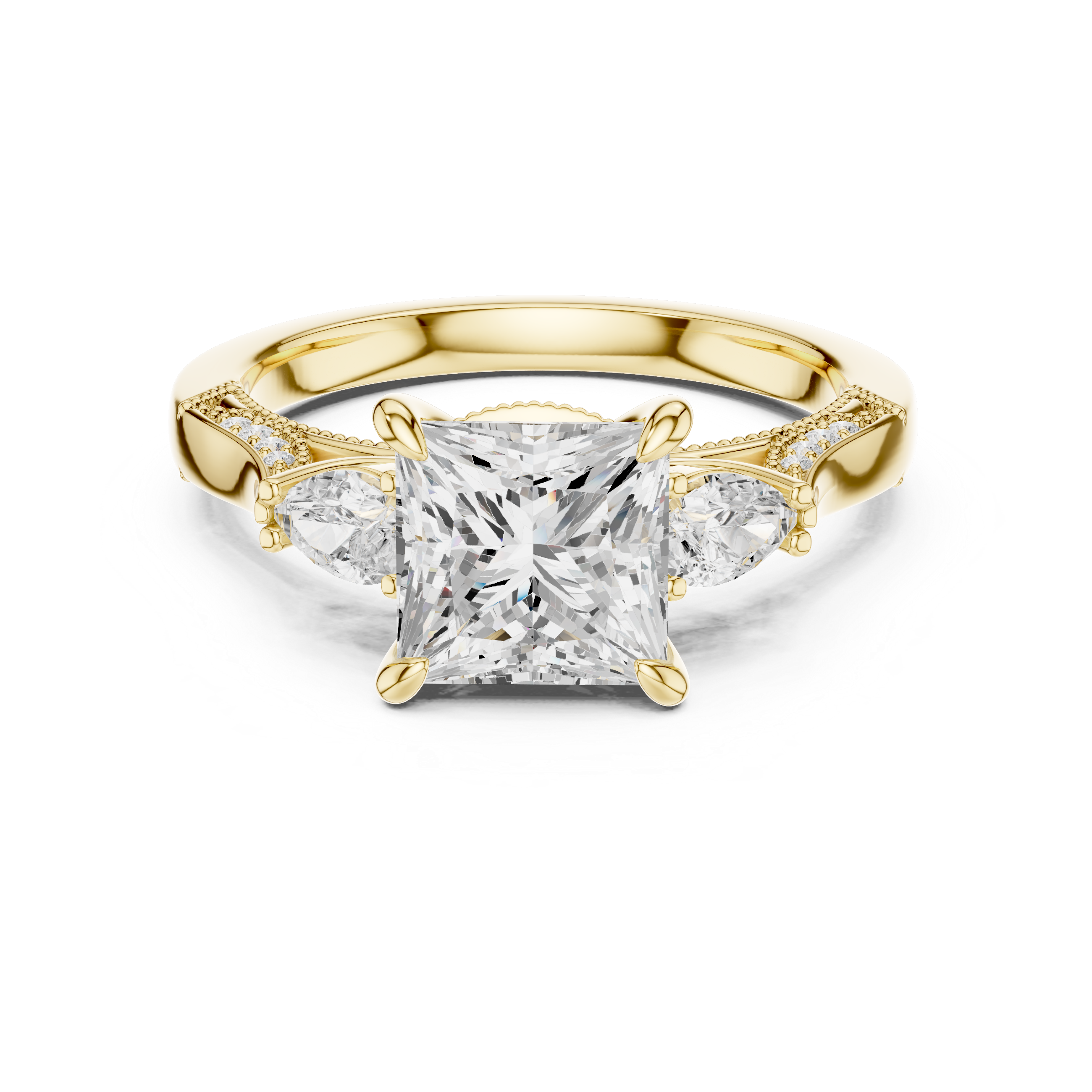 Gold ring with a large diamond and smaller diamonds on the sides against a white background